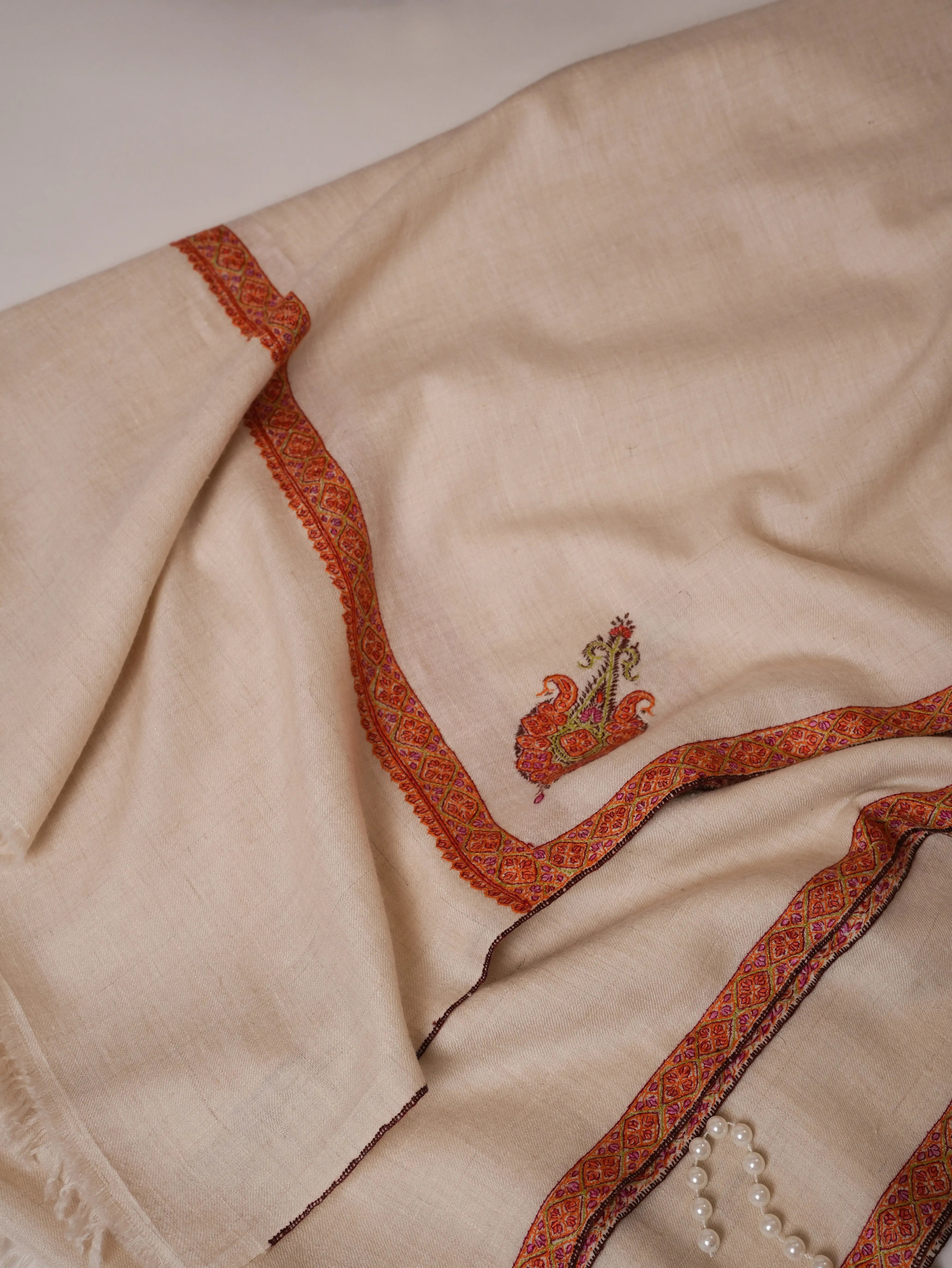 Natural White Hand Embroidered Hashia Oversized Pashmina Shawl Shahkaar Global