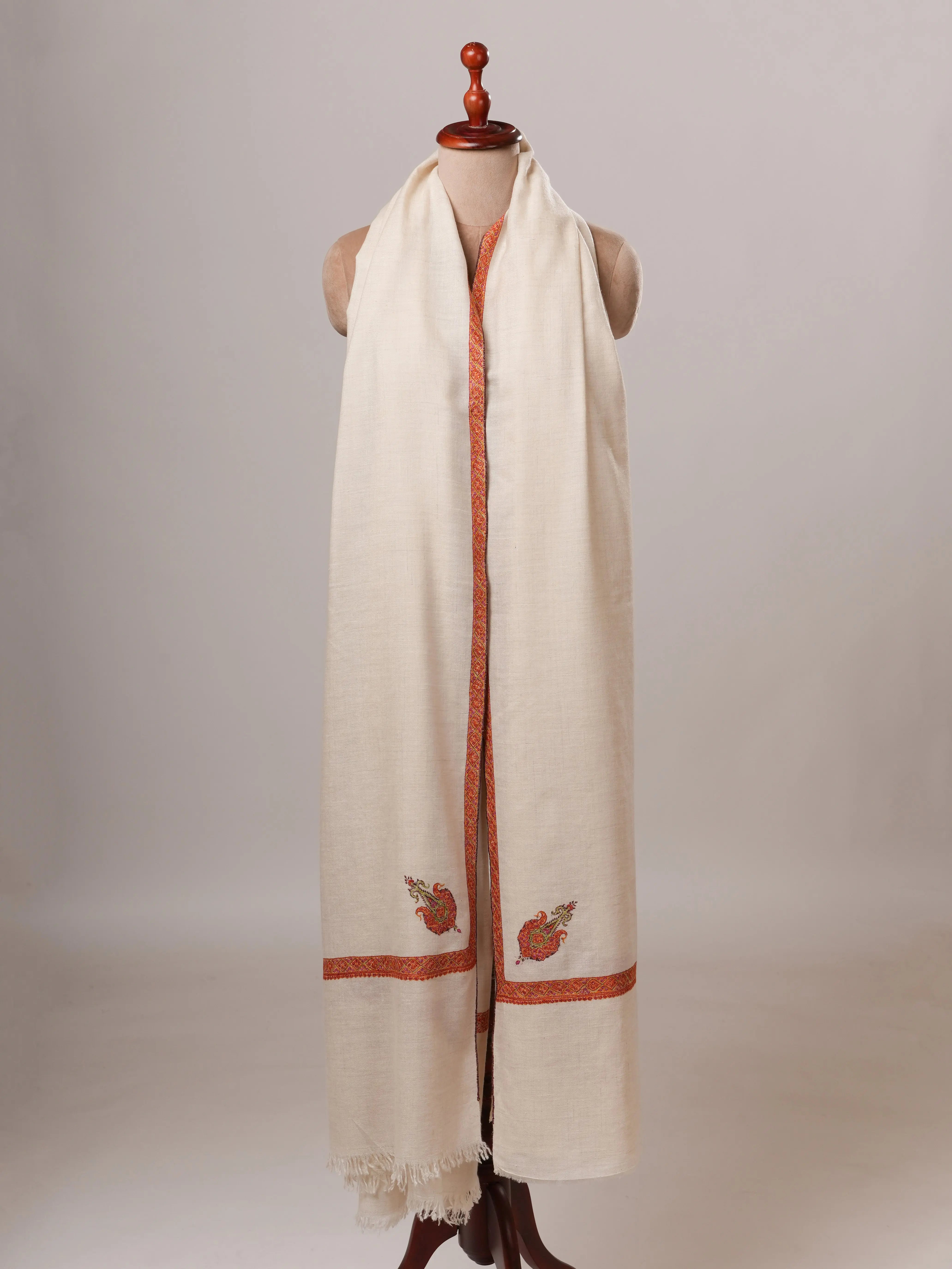 Natural White Hand Embroidered Hashia Oversized Pashmina Shawl Shahkaar Global