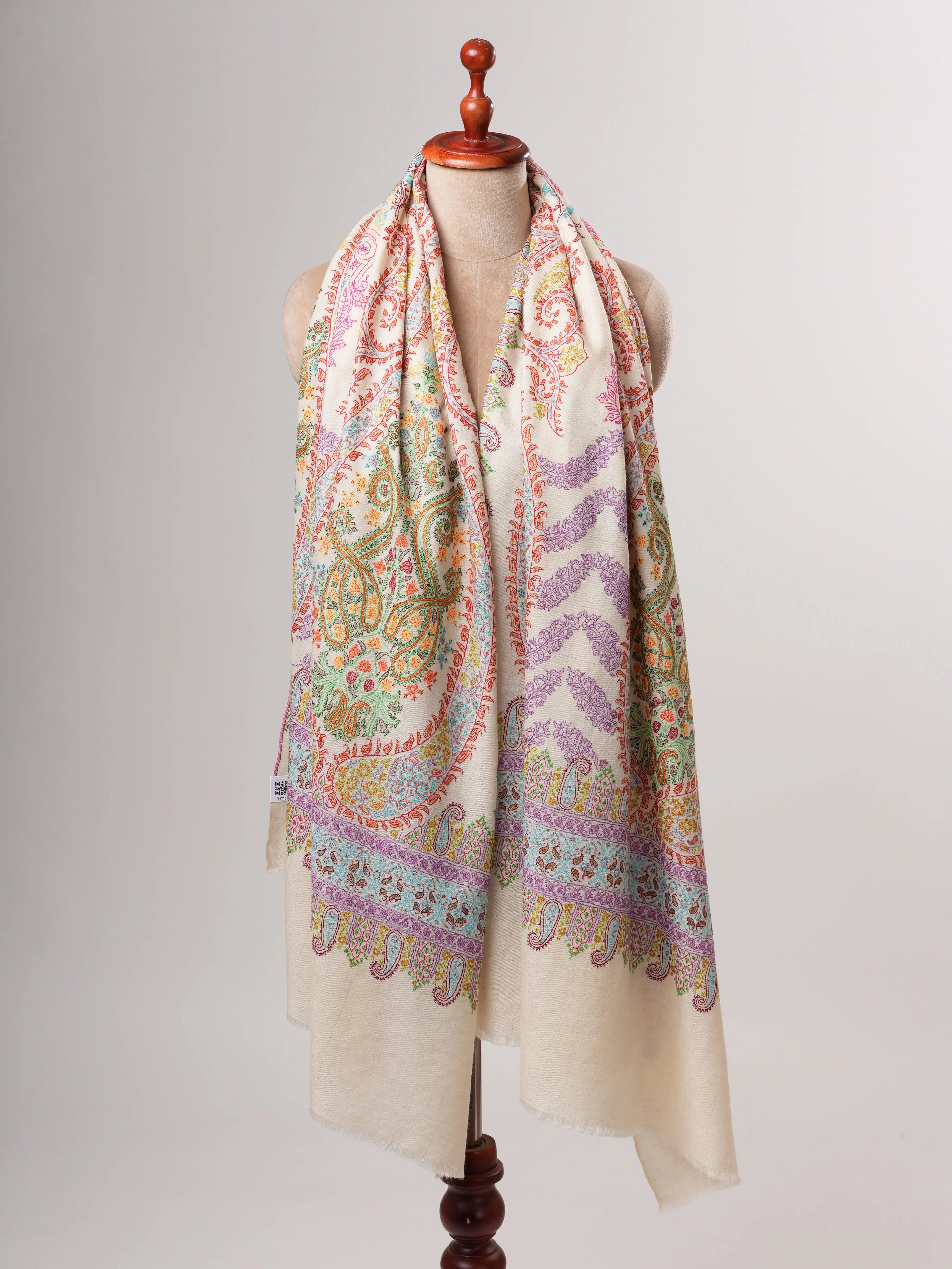 Natural Ivory Pashmina Shawl with Vivid Hand Embroidery Shahkaar