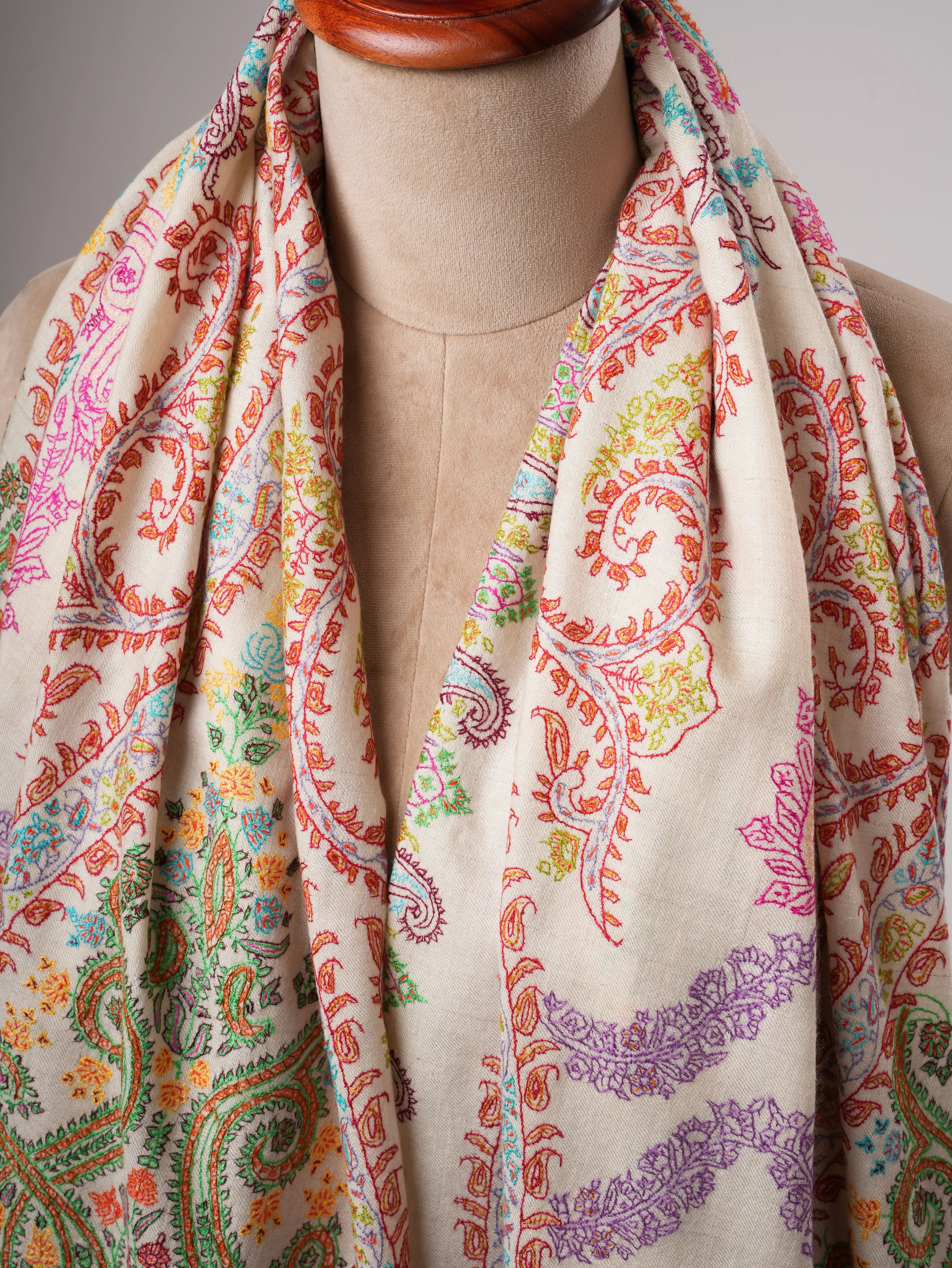 Natural Ivory Pashmina Shawl with Vivid Hand Embroidery Shahkaar