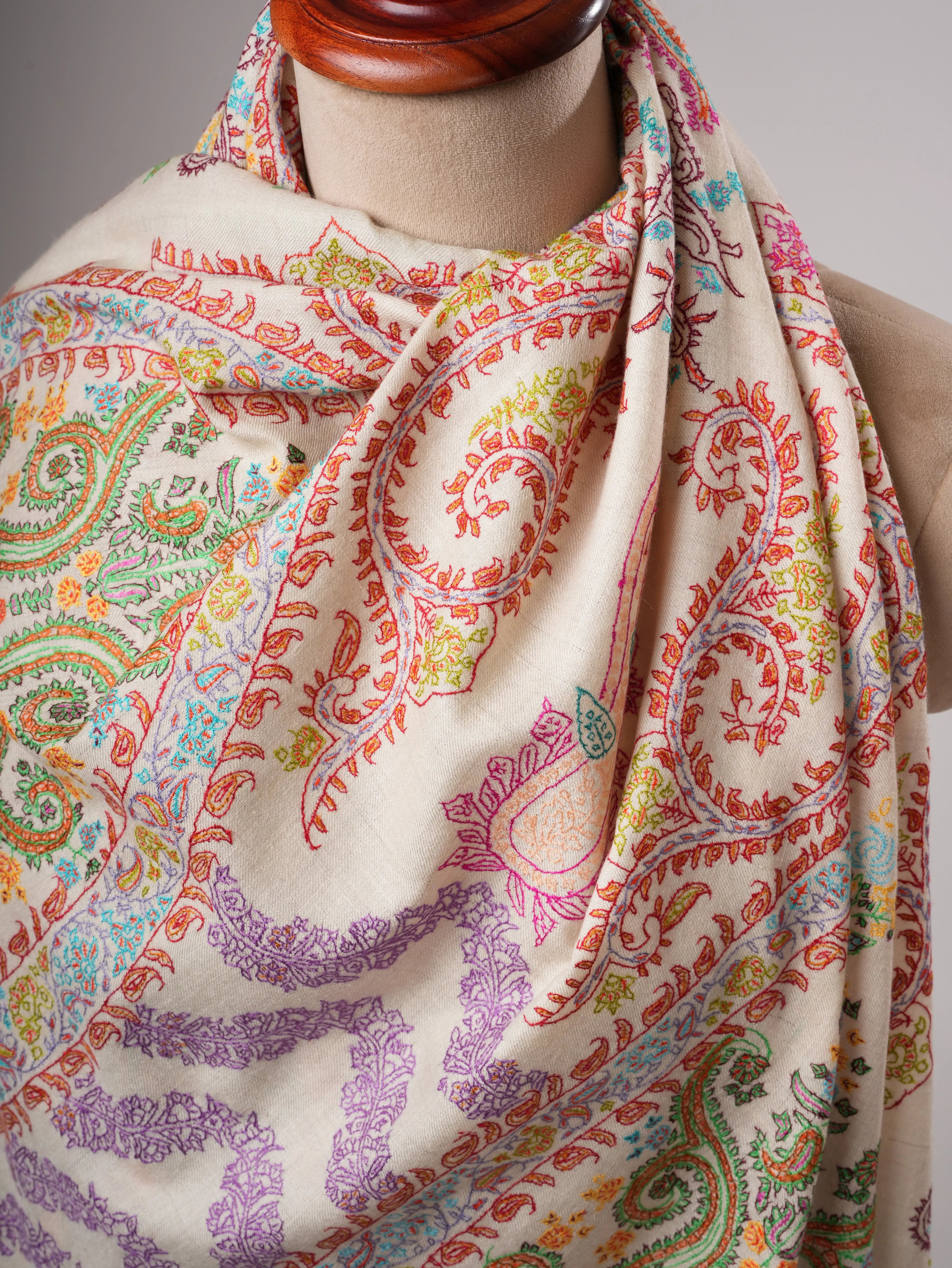 Natural Ivory Pashmina Shawl with Vivid Hand Embroidery Shahkaar