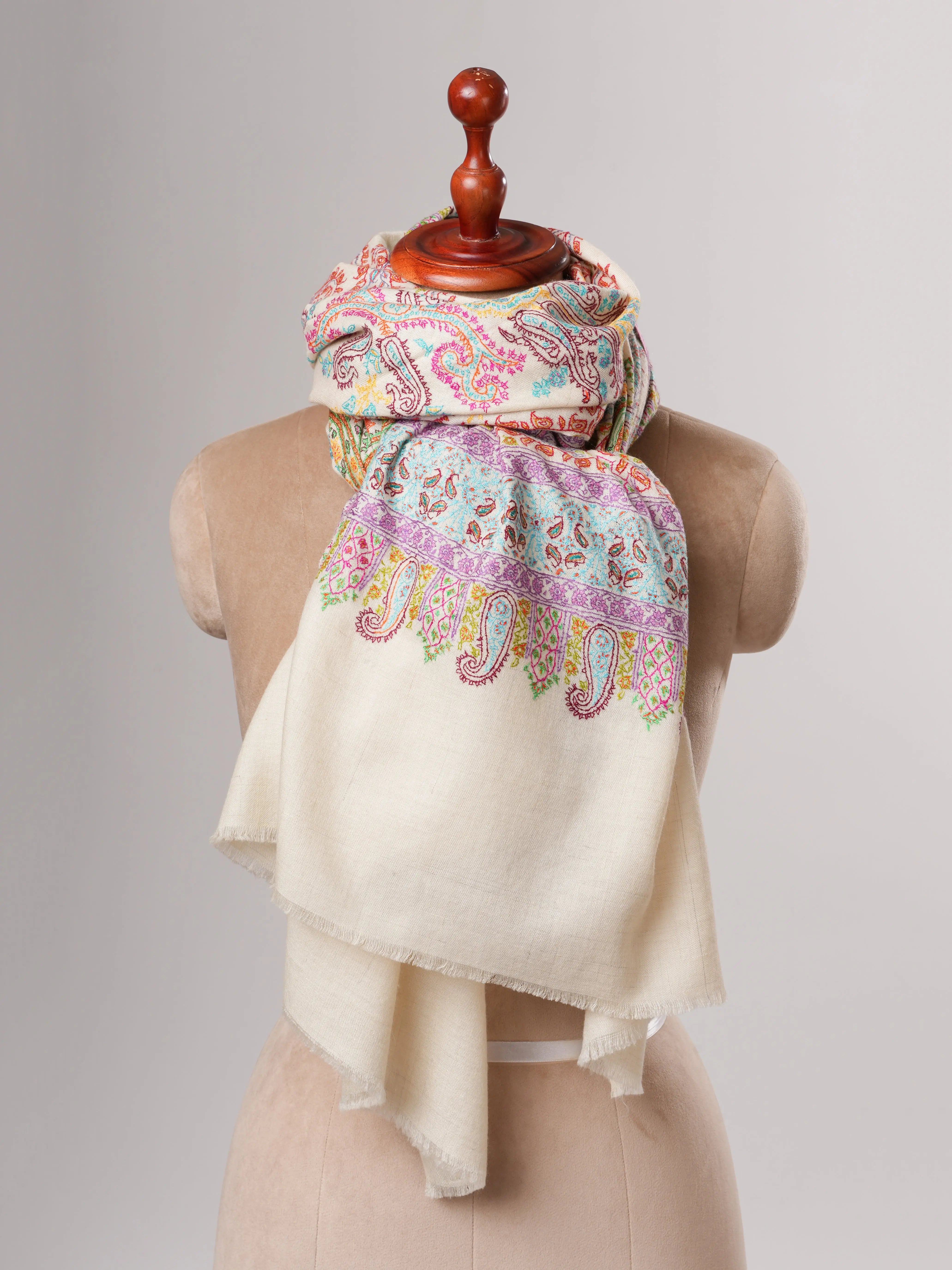 Natural Ivory Pashmina Shawl with Vivid Hand Embroidery Shahkaar