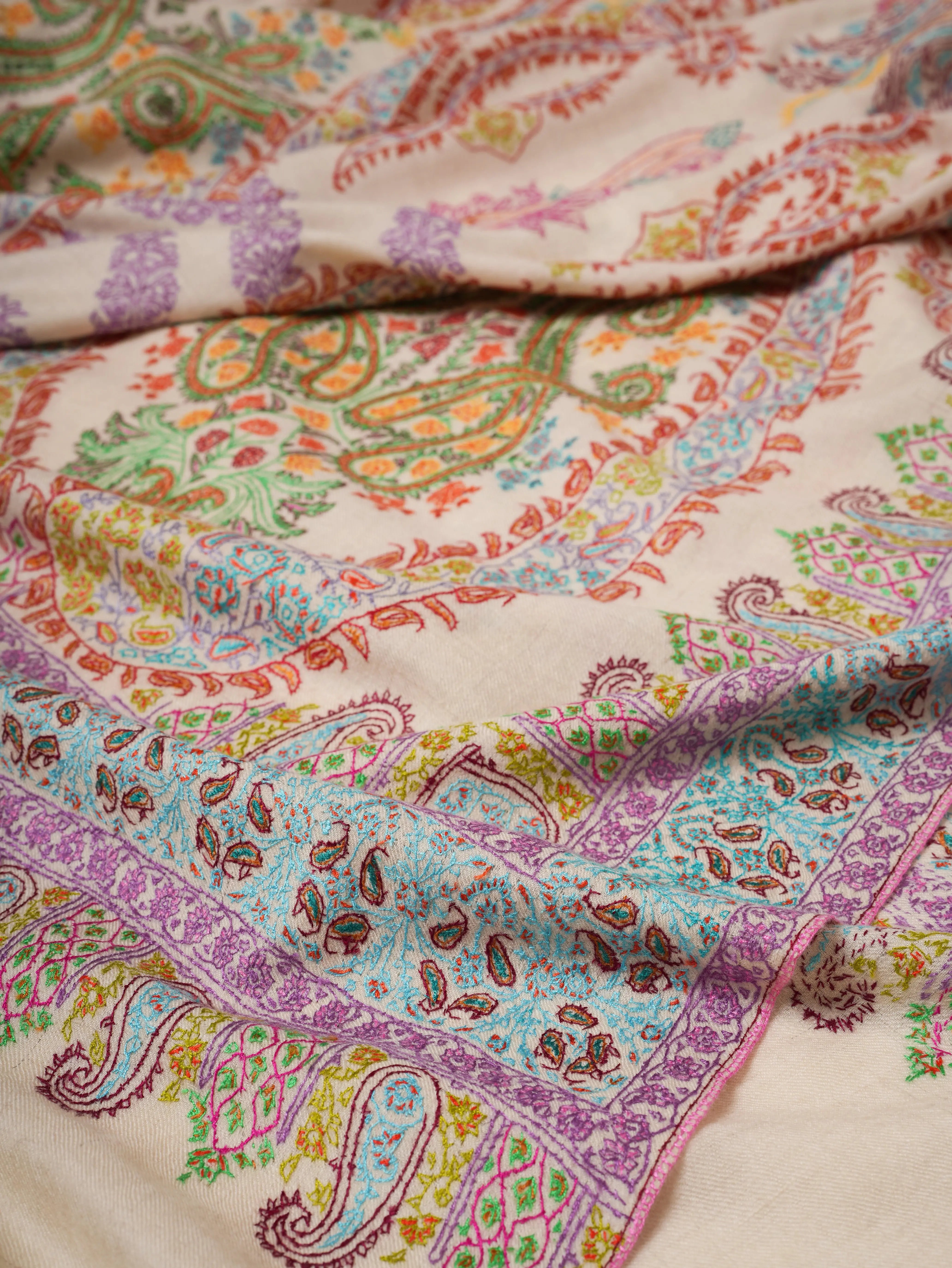 Natural Ivory Pashmina Shawl with Vivid Hand Embroidery Shahkaar