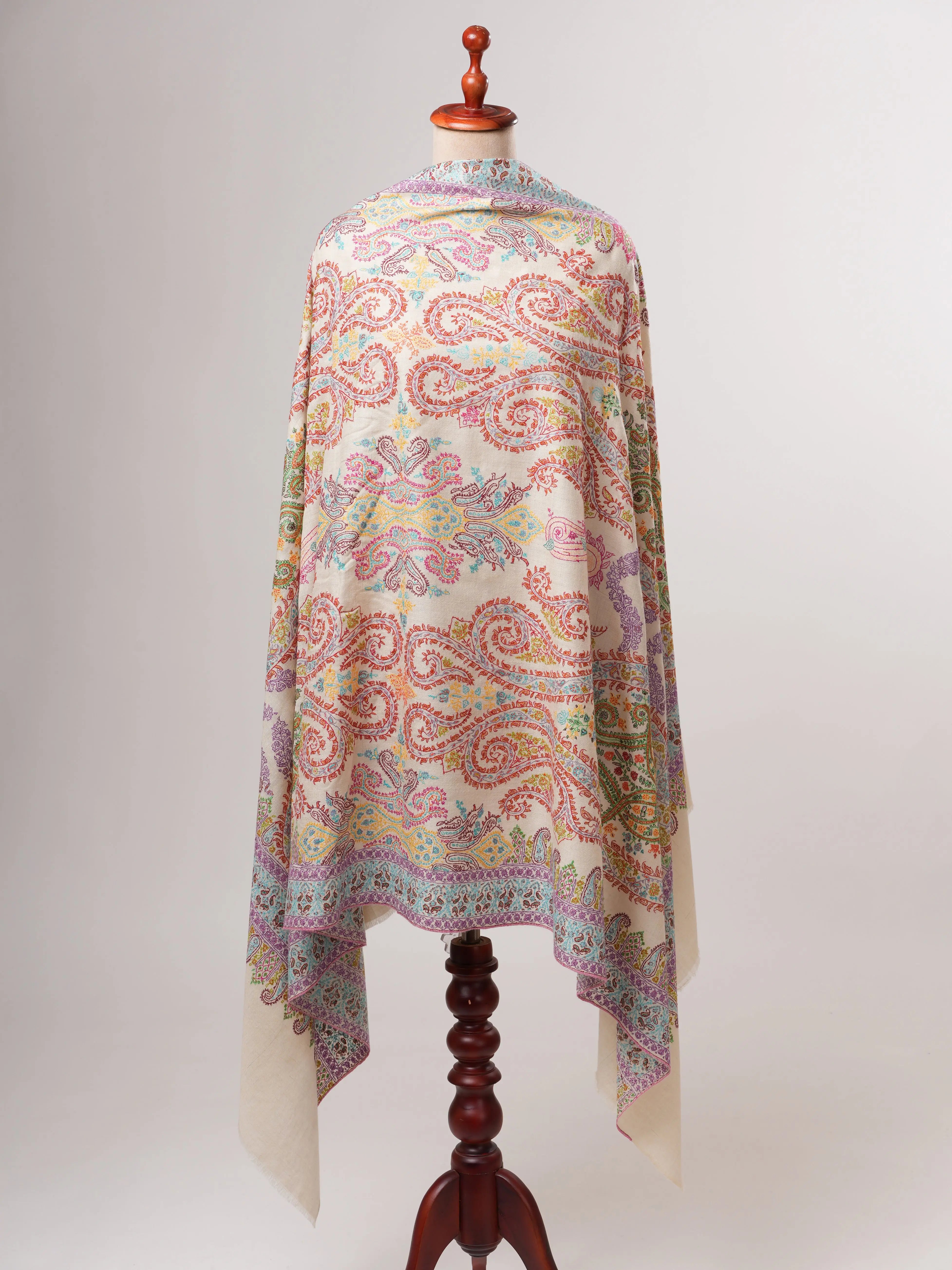 Natural Ivory Pashmina Shawl with Vivid Hand Embroidery Shahkaar