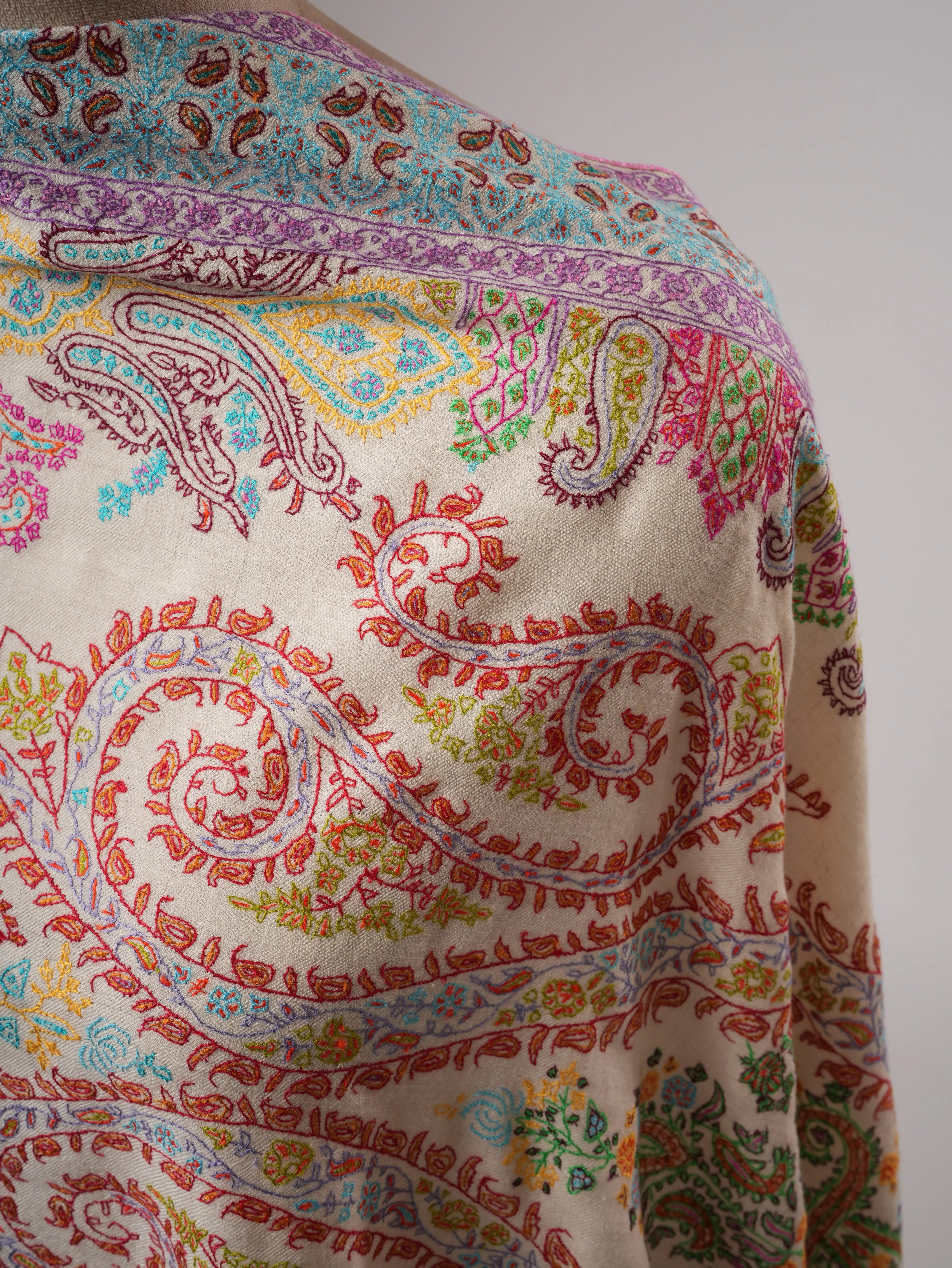 Natural Ivory Pashmina Shawl with Vivid Hand Embroidery Shahkaar