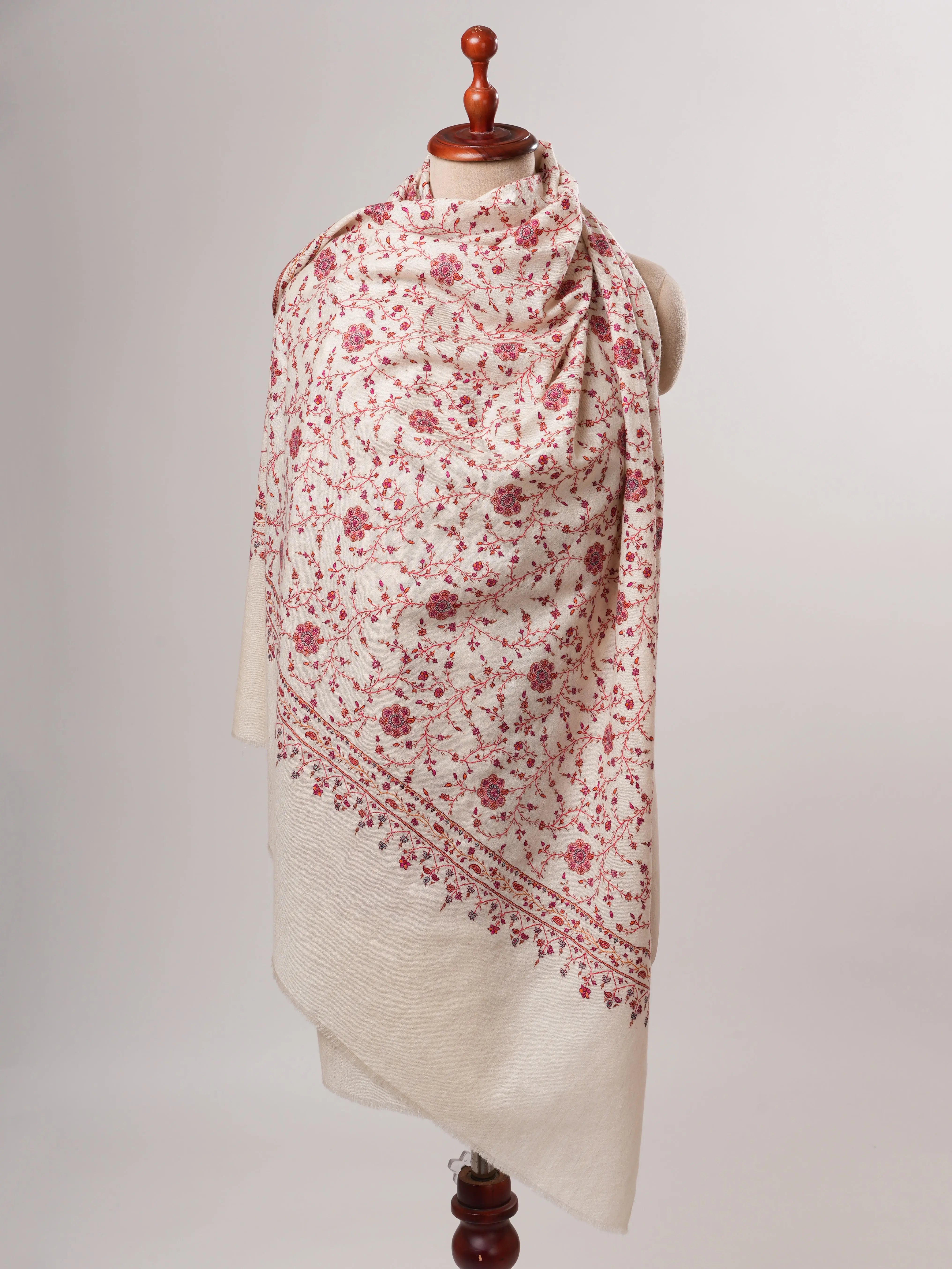 Natural Ivory Pashmina Shawl with Classic Sozni Embroidery Shahkaar