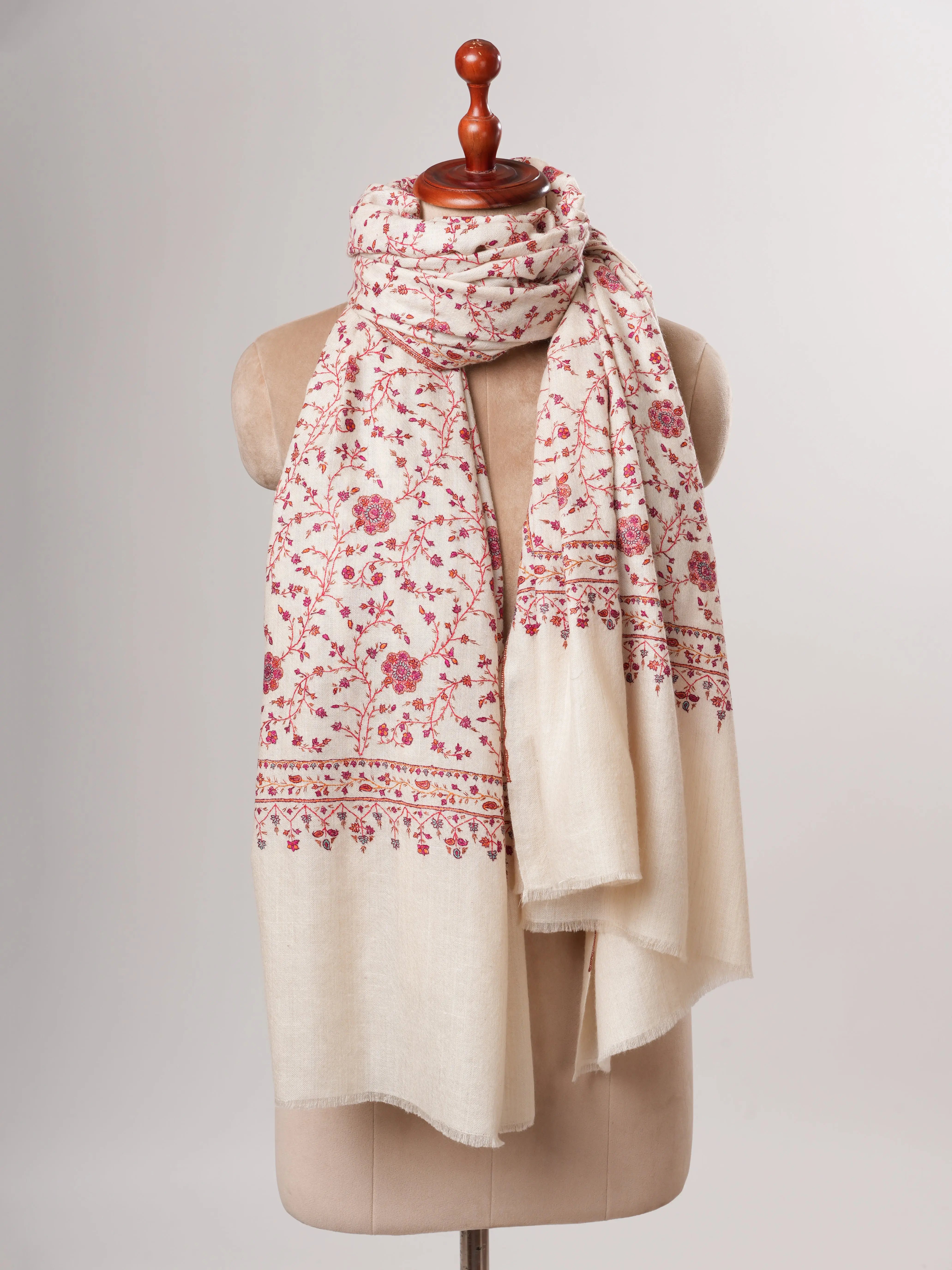 Natural Ivory Pashmina Shawl with Classic Sozni Embroidery Shahkaar