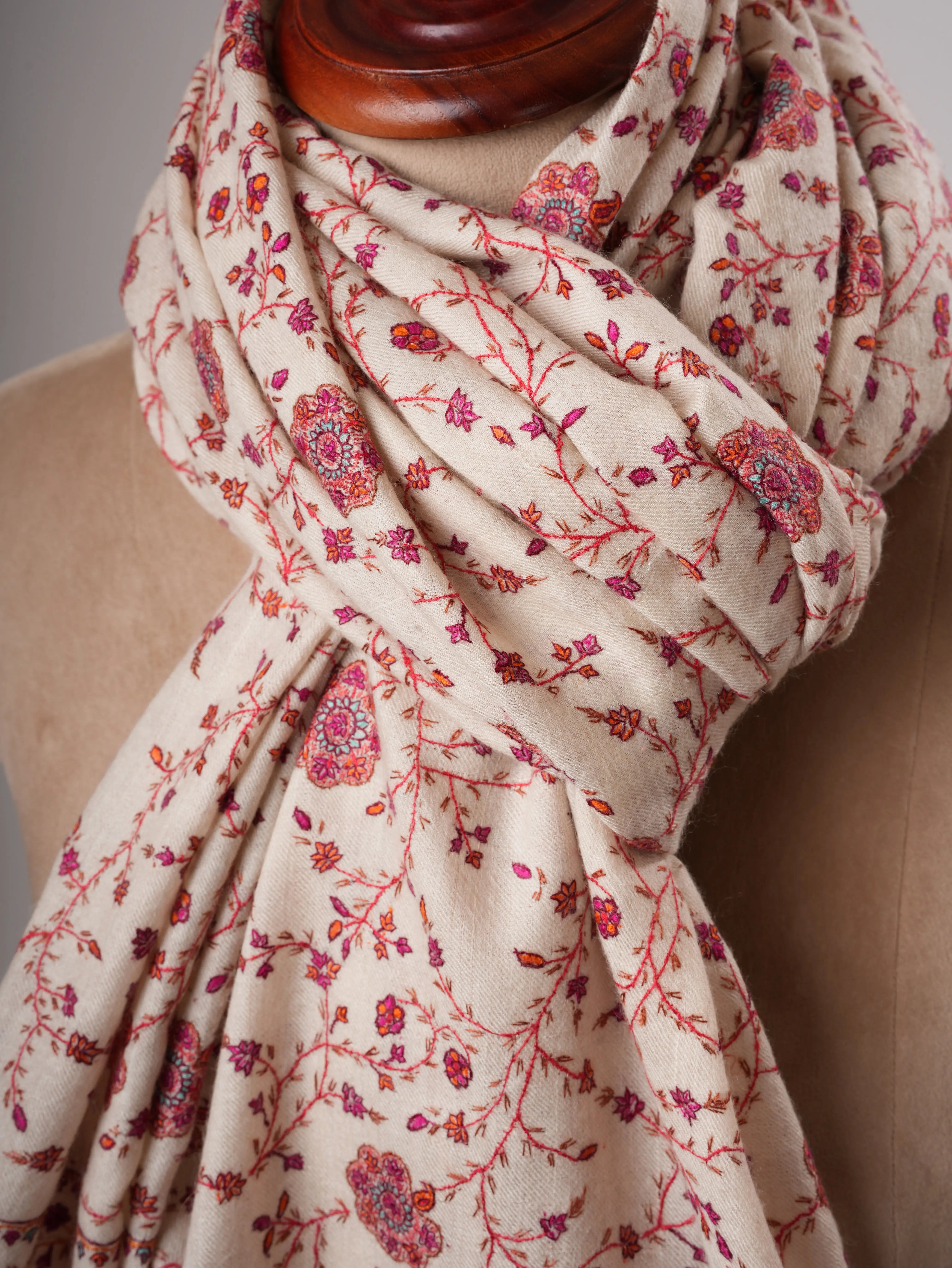 Natural Ivory Pashmina Shawl with Classic Sozni Embroidery Shahkaar