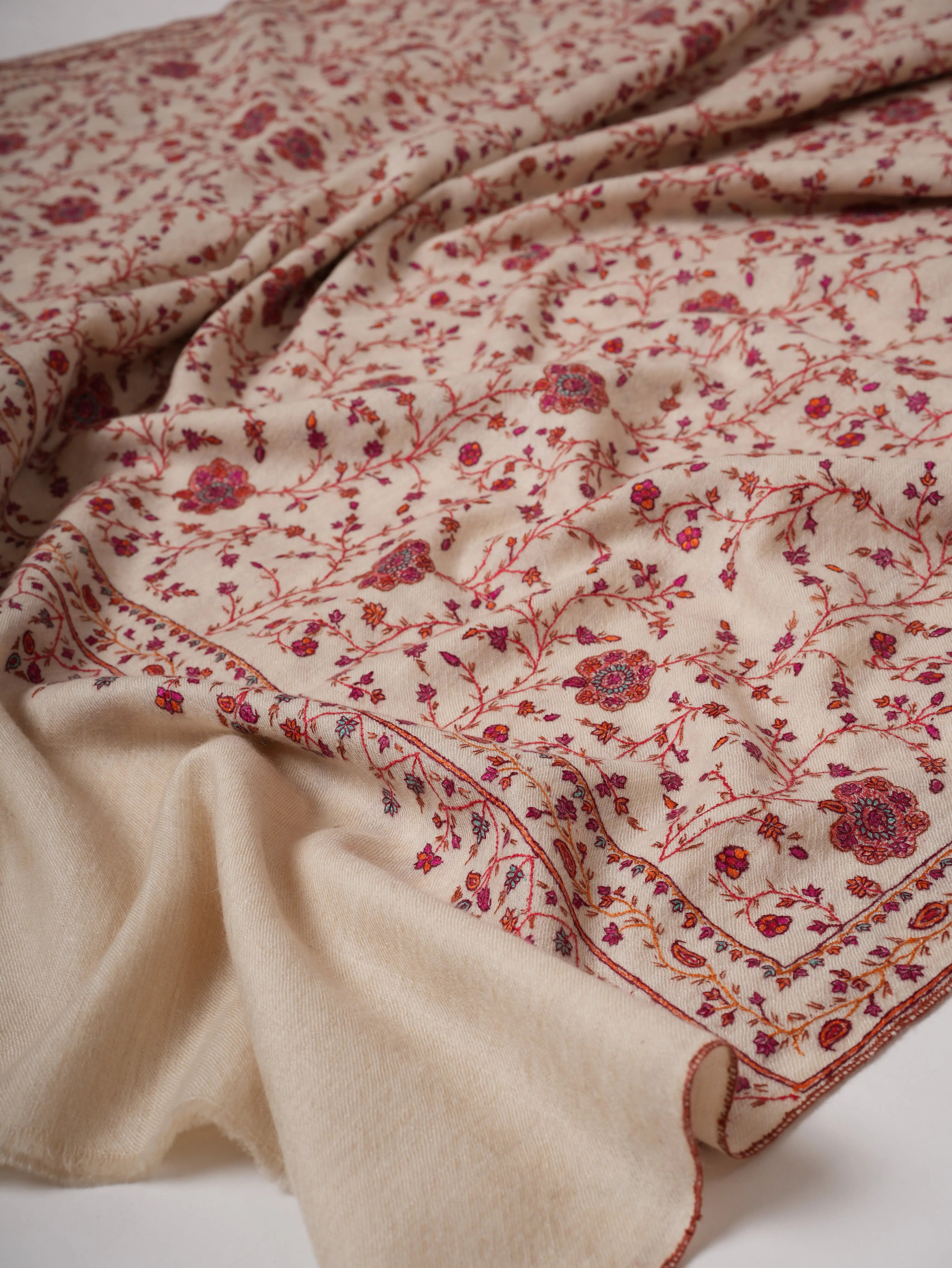 Natural Ivory Pashmina Shawl with Classic Sozni Embroidery Shahkaar
