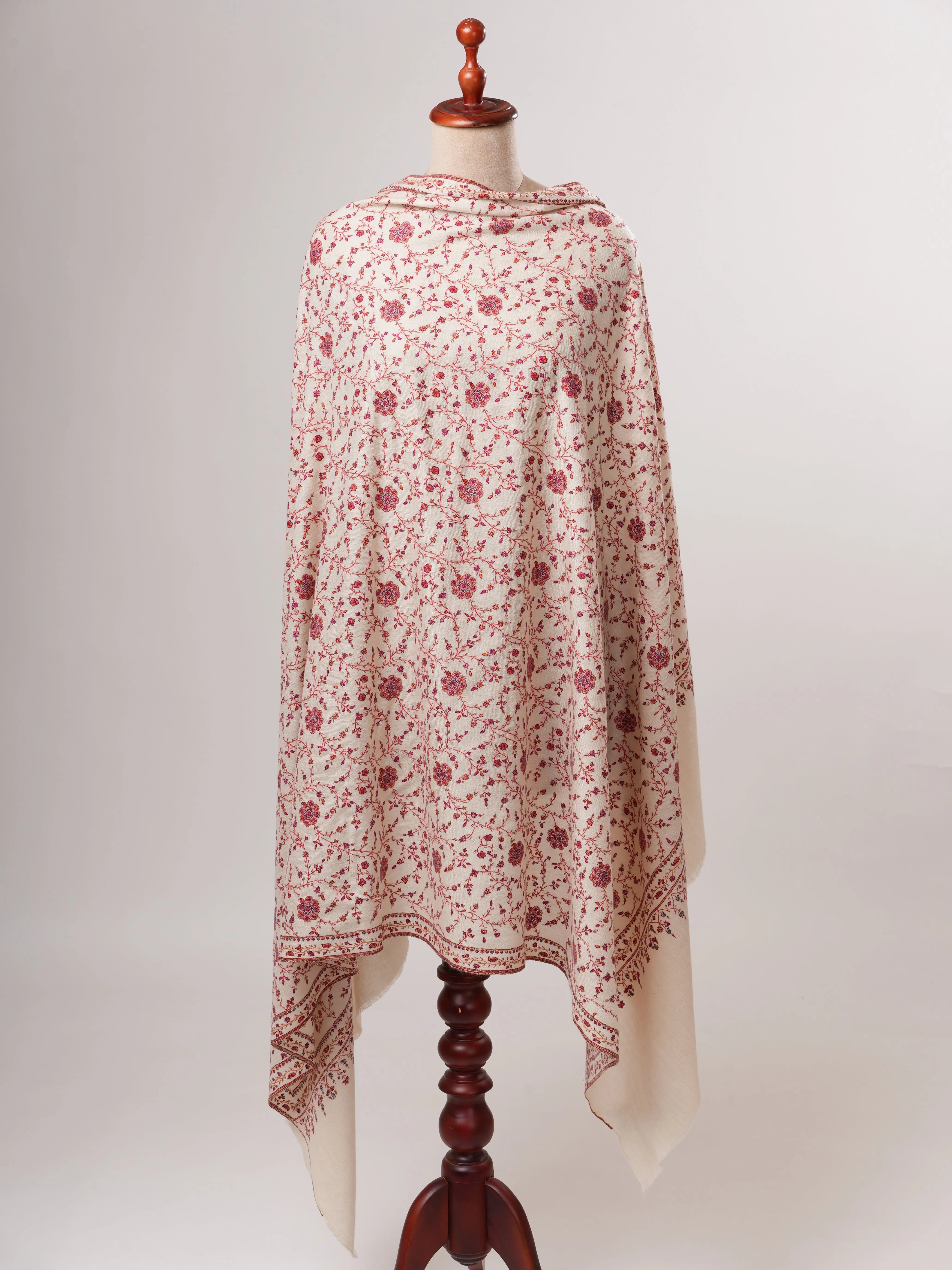 Natural Ivory Pashmina Shawl with Classic Sozni Embroidery Shahkaar
