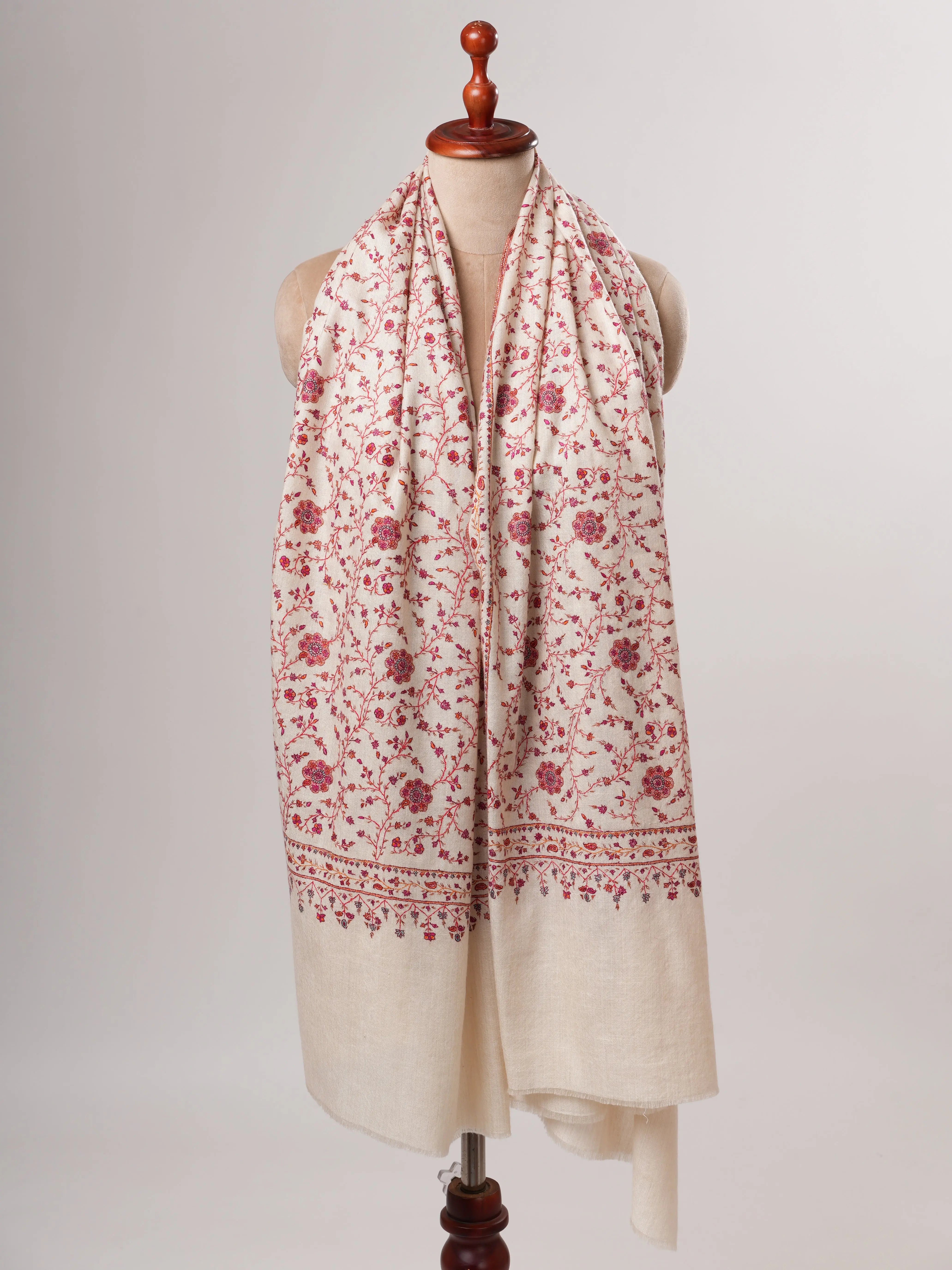 Natural Ivory Pashmina Shawl with Classic Sozni Embroidery Shahkaar