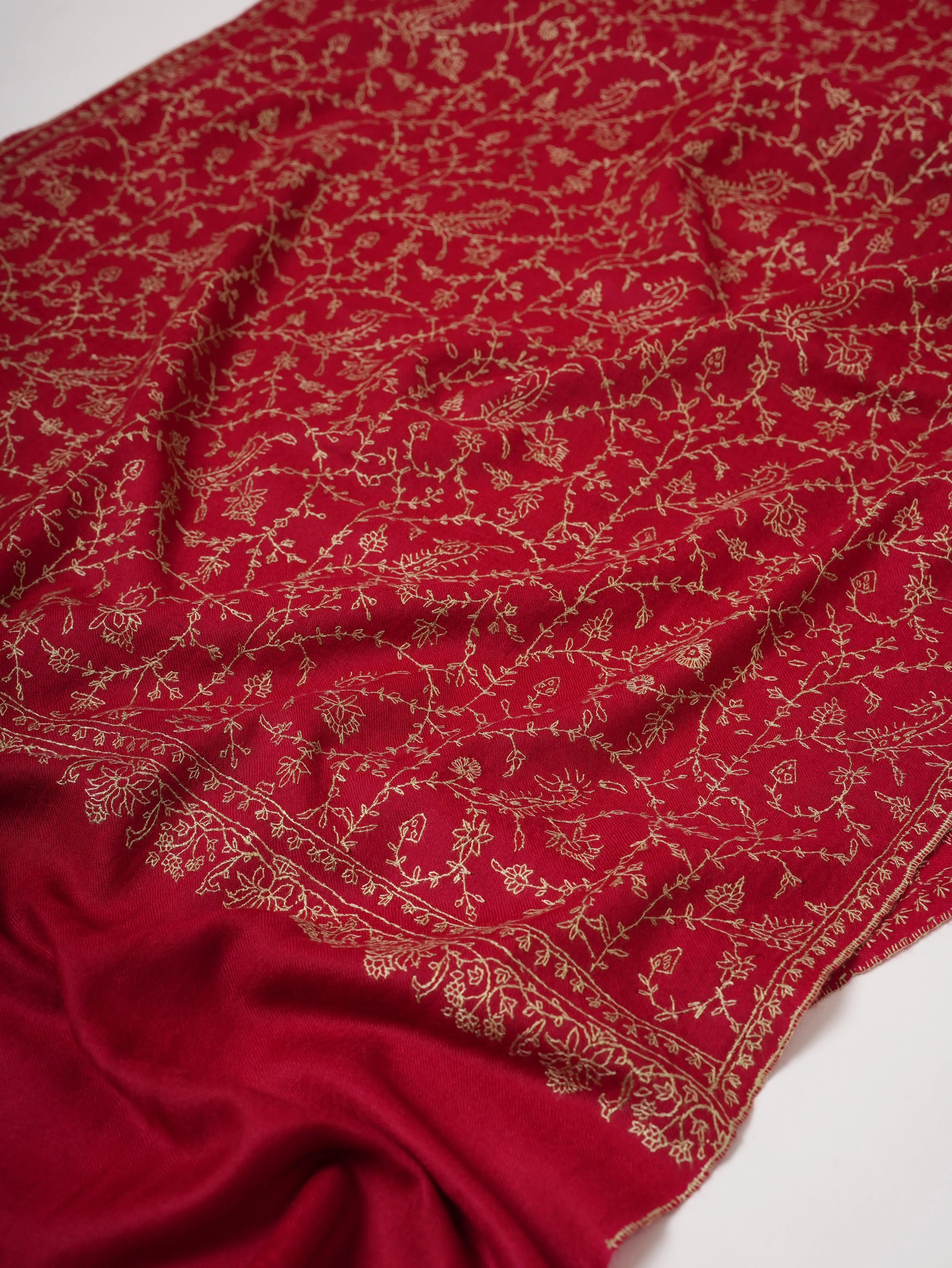 Red Cashmere Scarf with Hand-Embroidered Sozni Jali Shahkaar