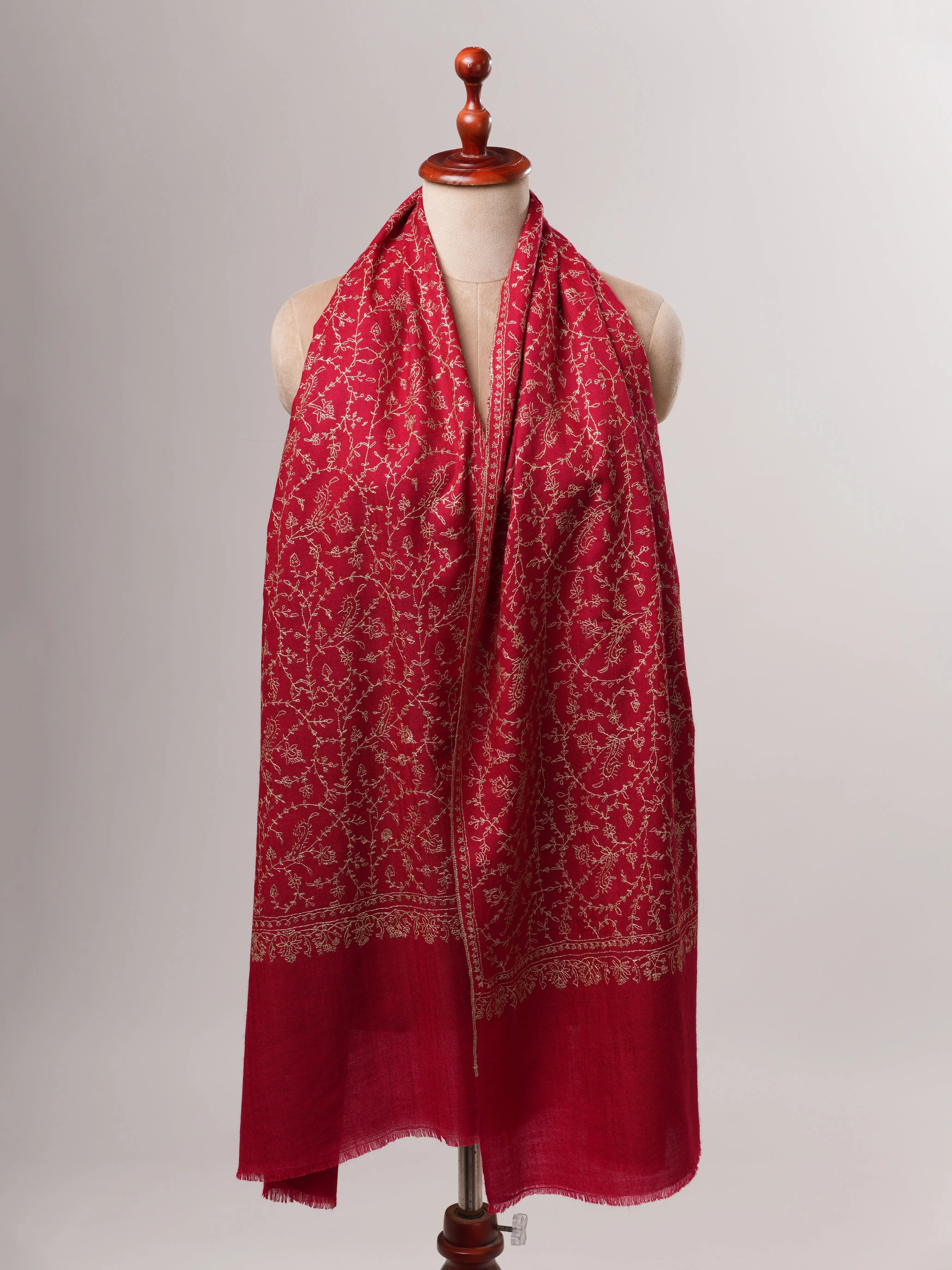Red Cashmere Scarf with Hand-Embroidered Sozni Jali Shahkaar