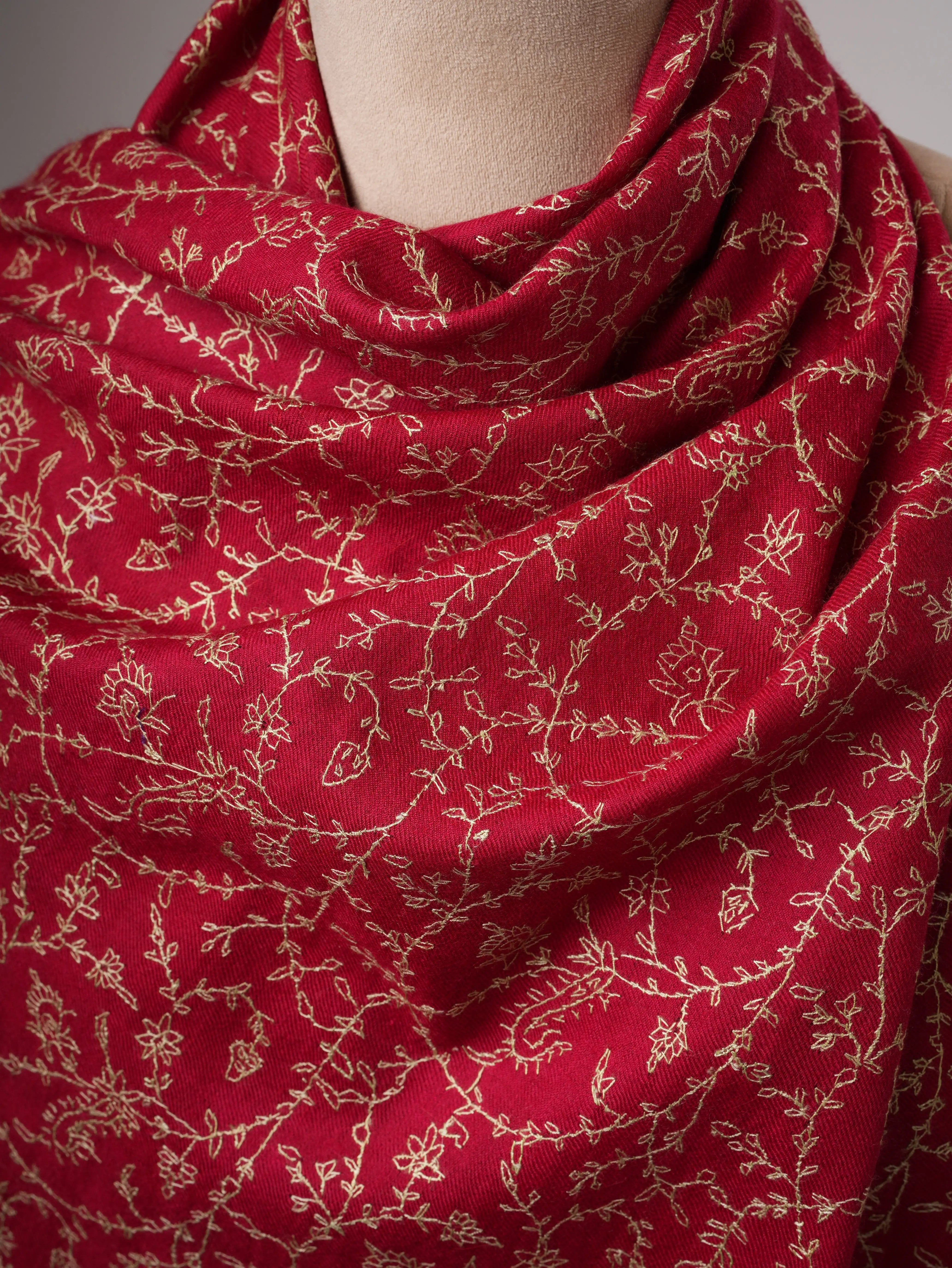 Red Cashmere Scarf with Hand-Embroidered Sozni Jali Shahkaar