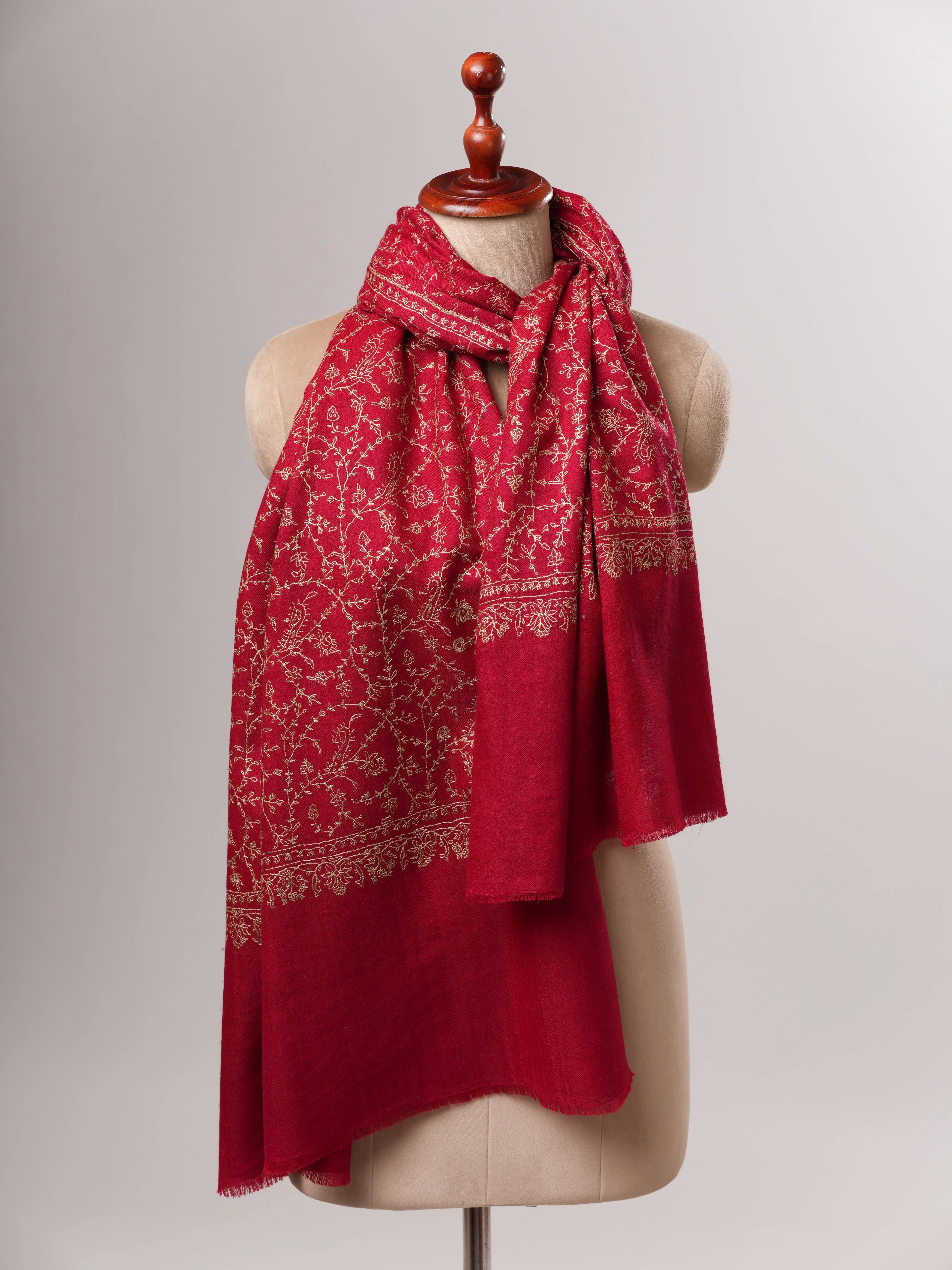 Red Cashmere Scarf with Hand-Embroidered Sozni Jali Shahkaar