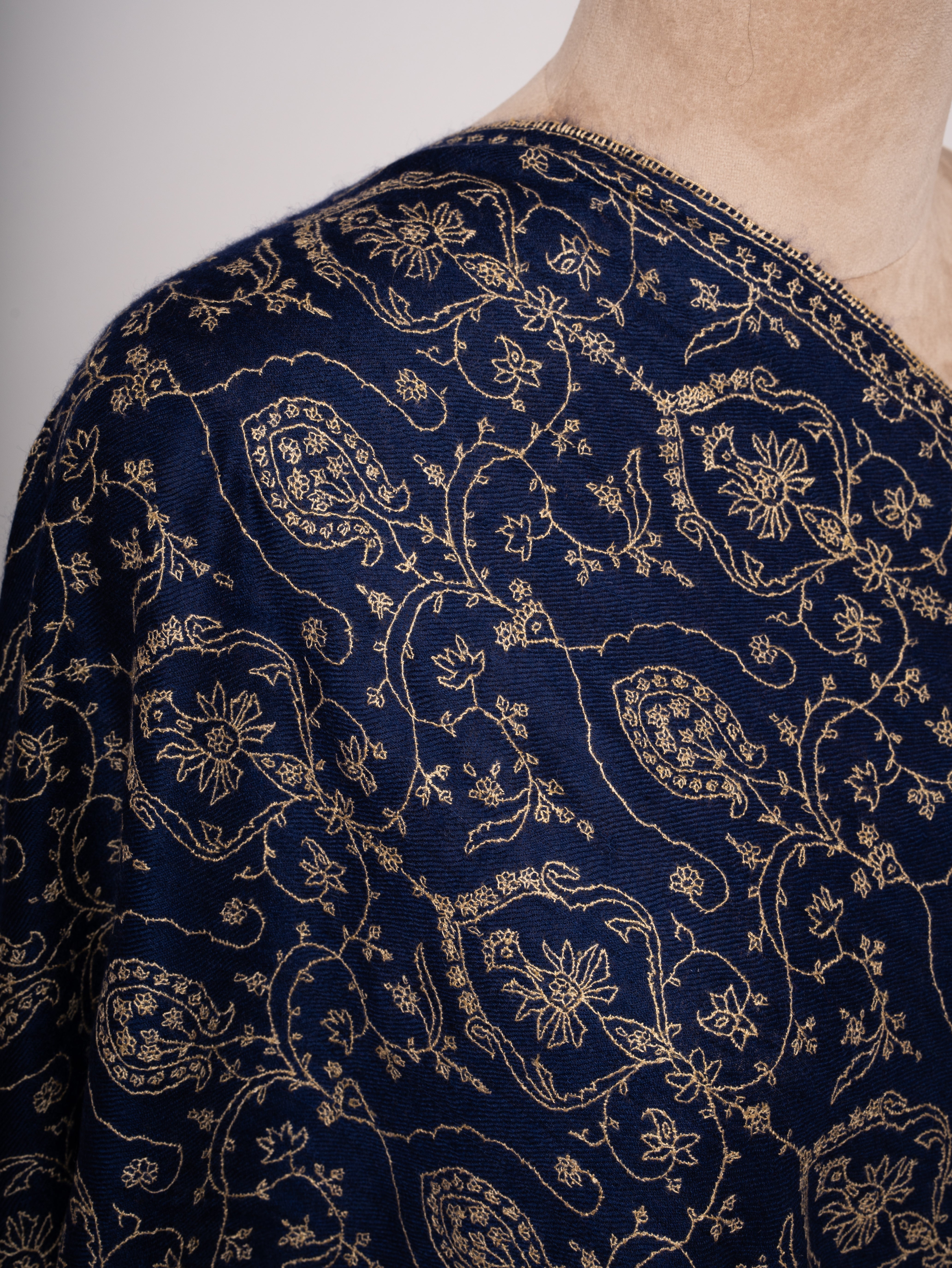 Navy Blue Handloomed Cashmere Scarf All Over Jaali Hand Embroidery Shahkaar