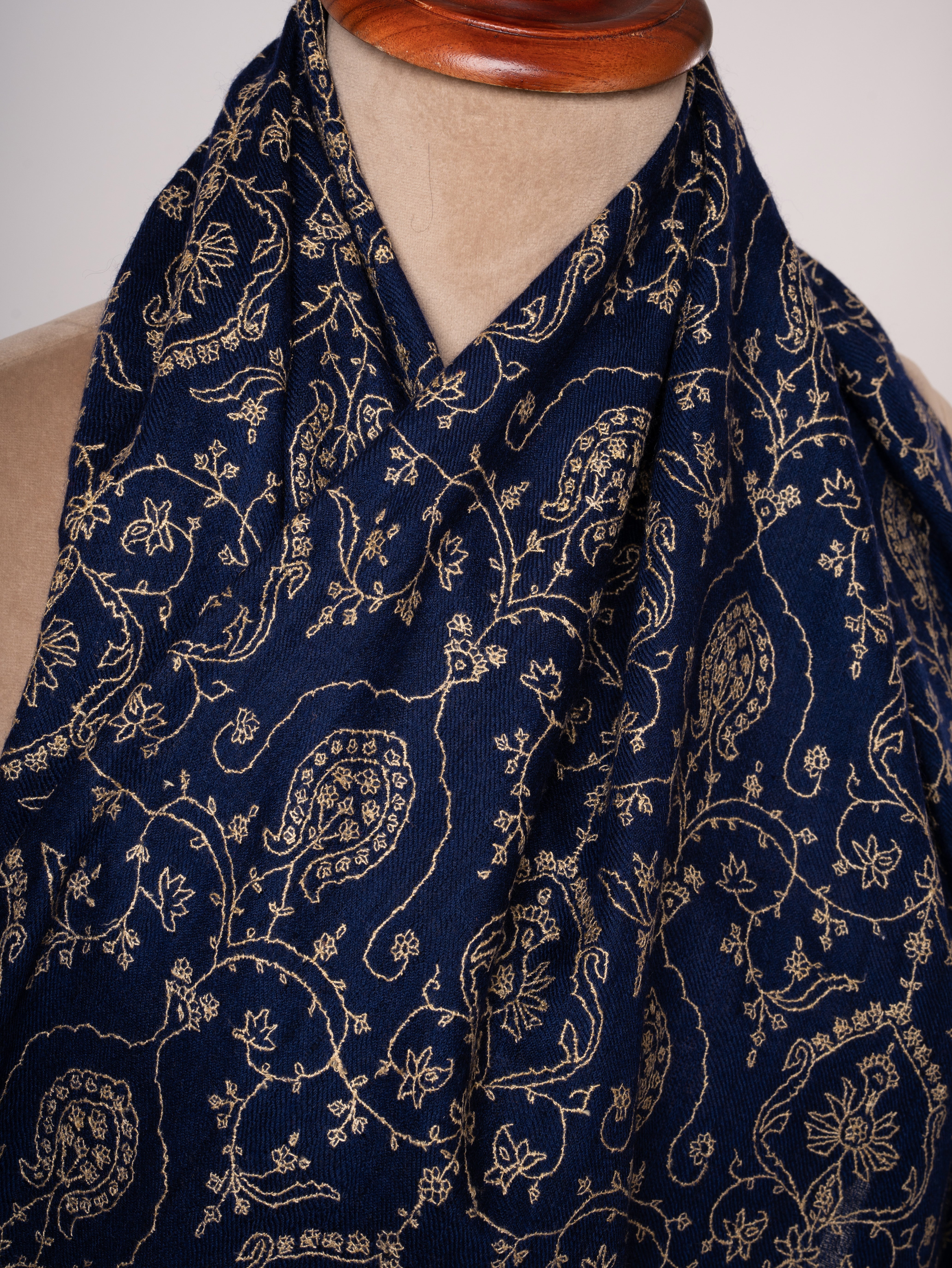Navy Blue Handloomed Cashmere Scarf All Over Jaali Hand Embroidery Shahkaar