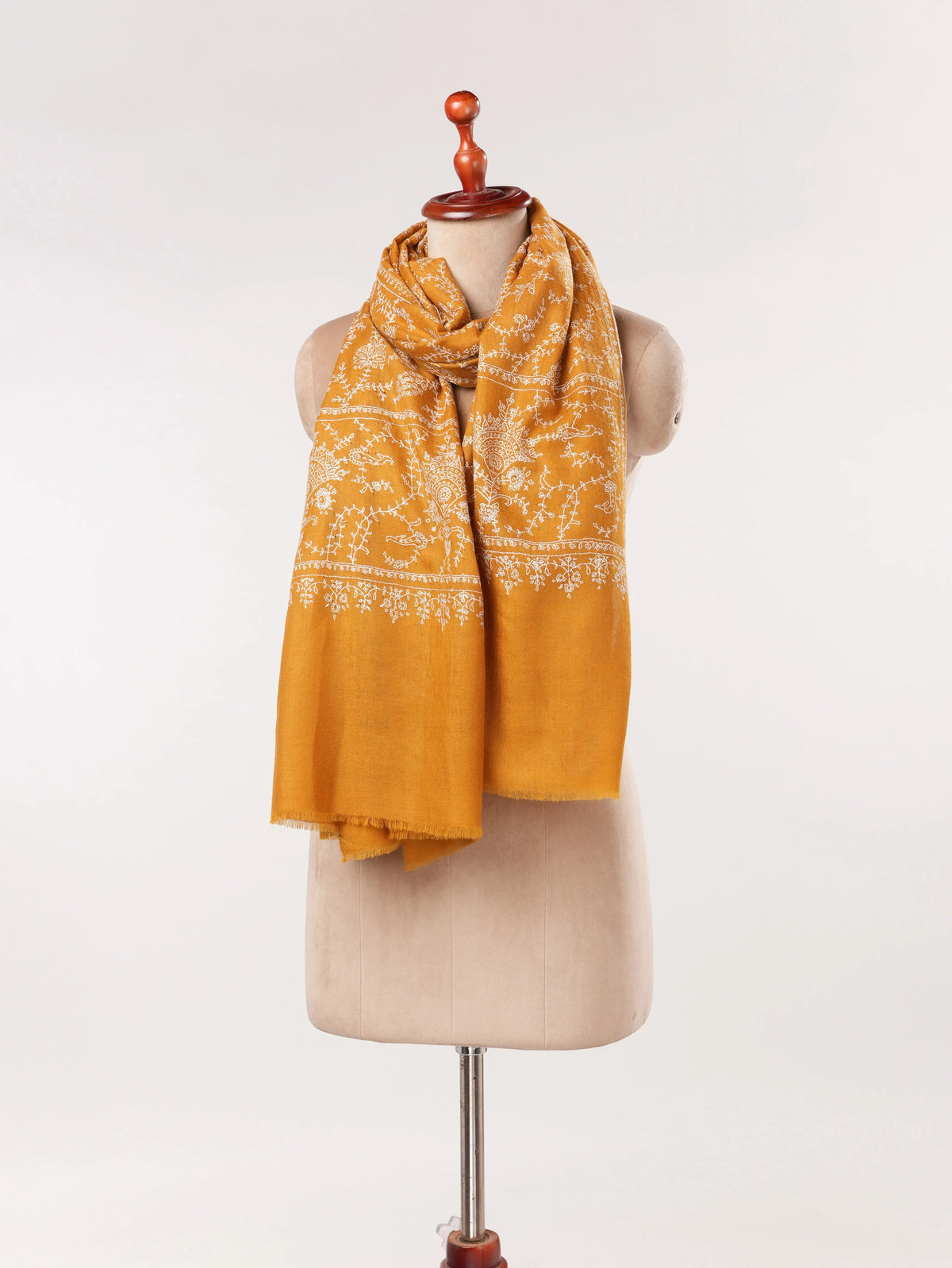 Mustard Jali Pashmina Shawl Handwoven in Kashmir with Hand Embroidery Shahkaar.com