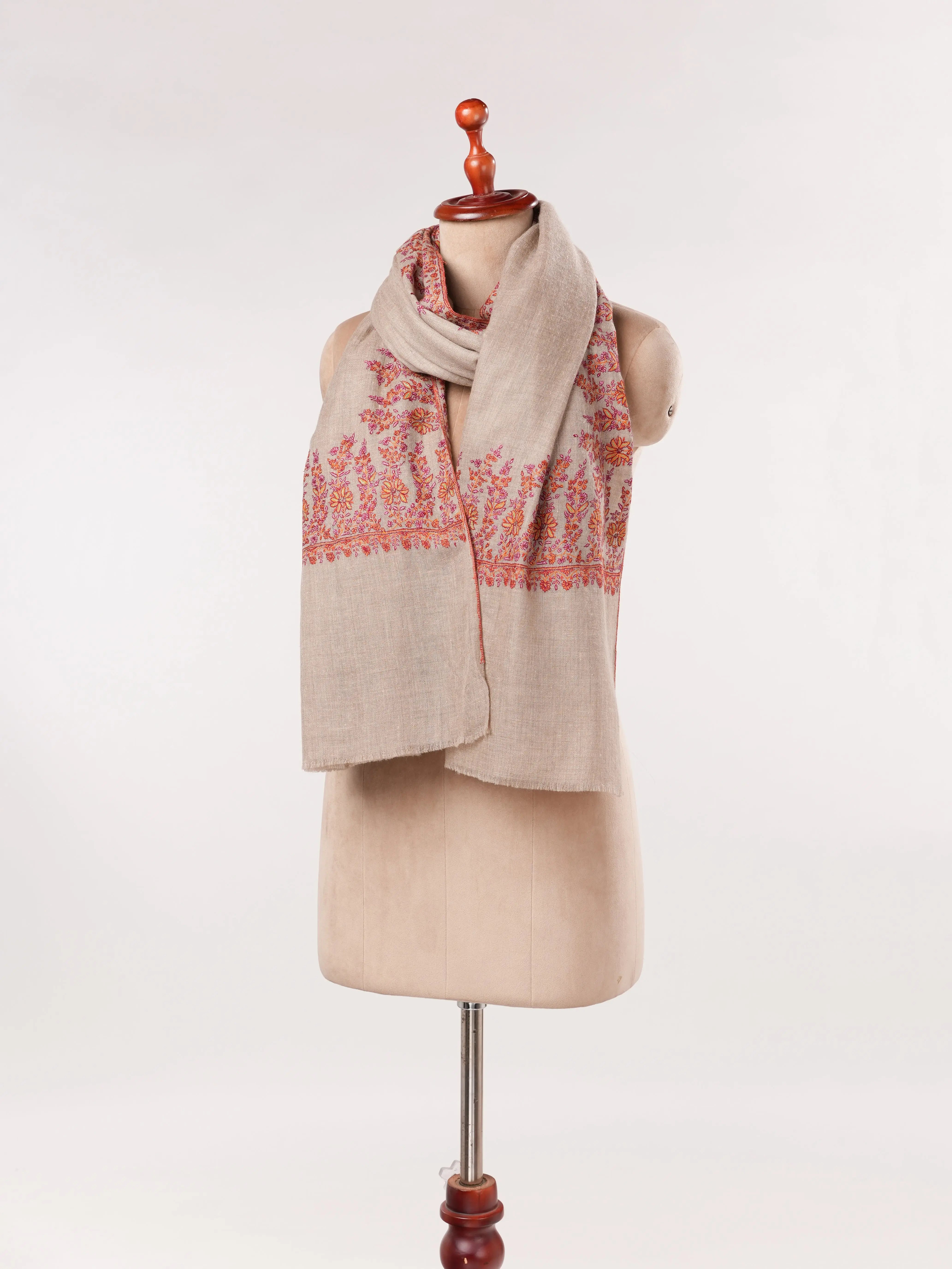 Sozni Daurdar Embroidered Natural Taupe Feather Light Pashmina Shawl Shahkaar.com