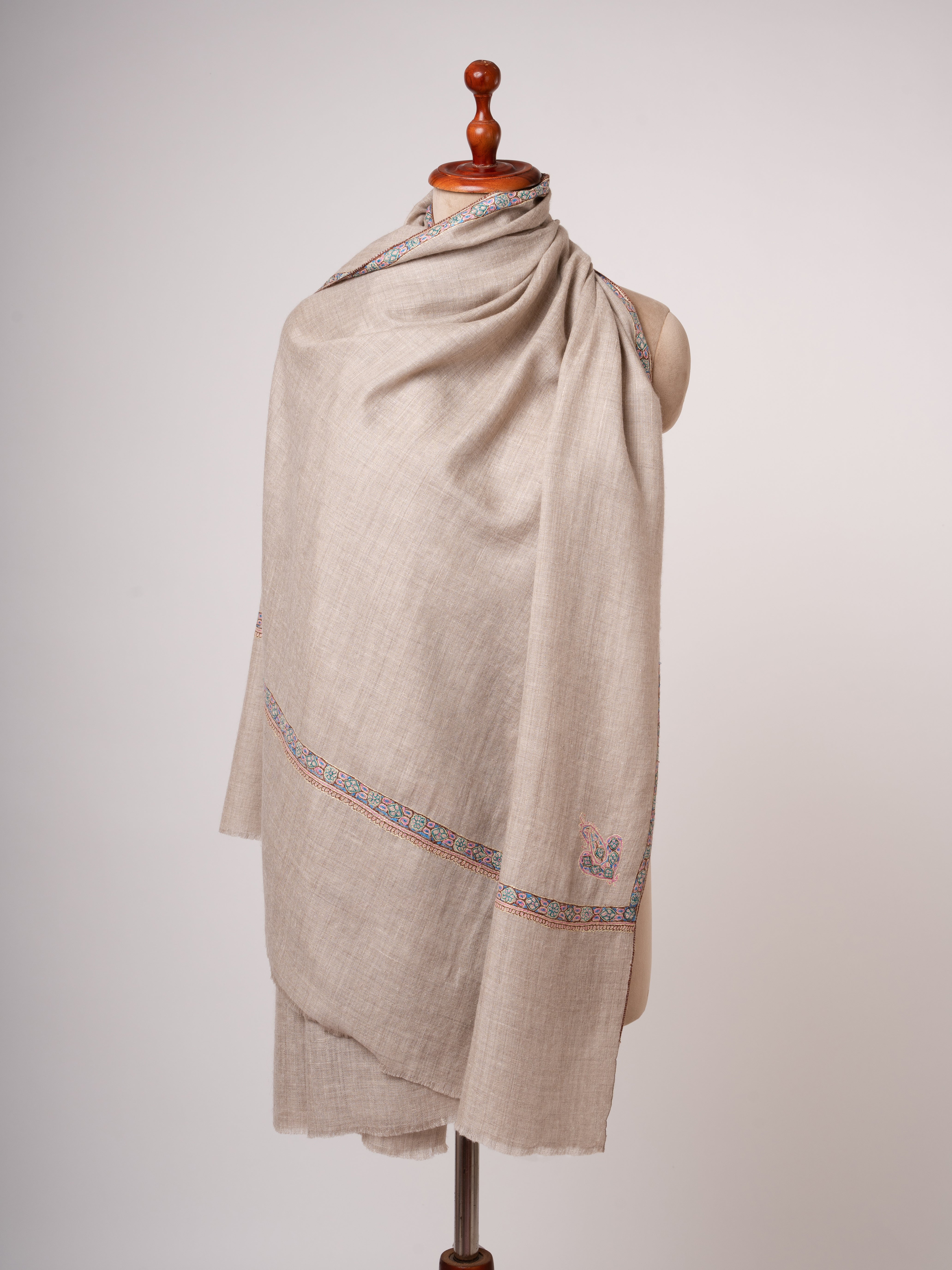 Natural Beige Handloomed Pashmina Shawl Hashia Border & Corner Motif Embroidery Shahkaar