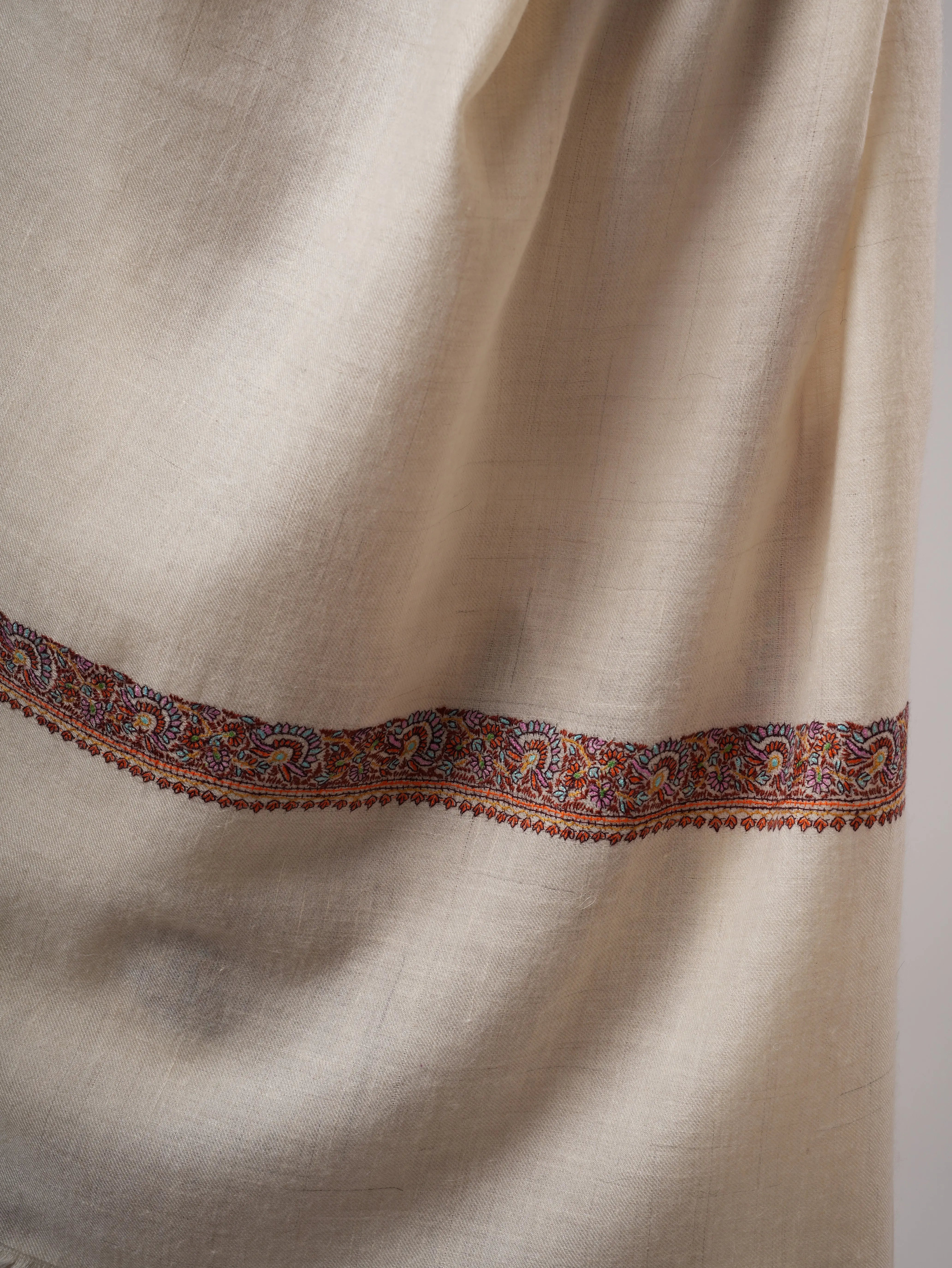 Ivory Hashia Embroidered Kashmiri Pashmina Shawl – Elegant Timeless Wrap Shahkaar