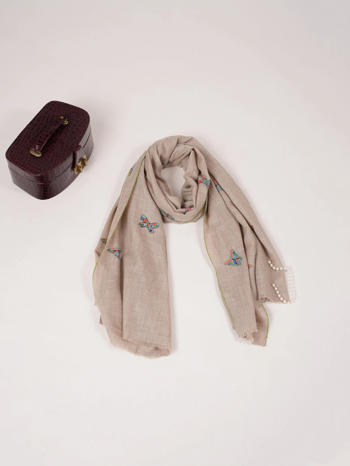 Natural Beige Pure Pashmina Shawl with Butterfly Embroidery