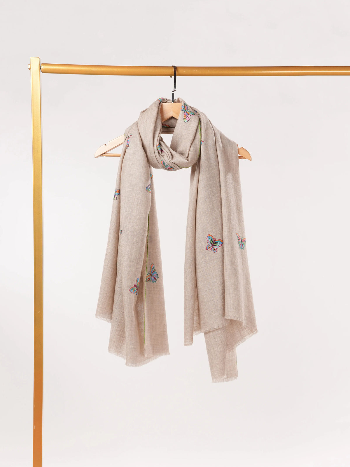Natural Beige Pure Pashmina Shawl with Butterfly Embroidery