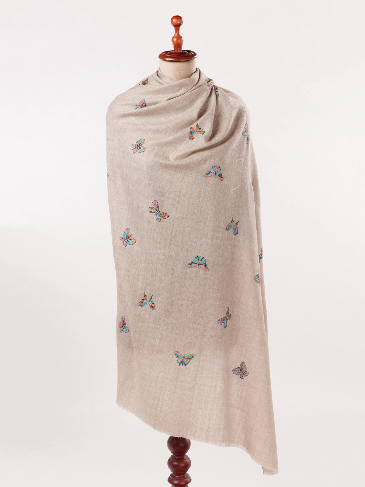 Natural Beige Pure Pashmina Shawl with Butterfly Embroidery