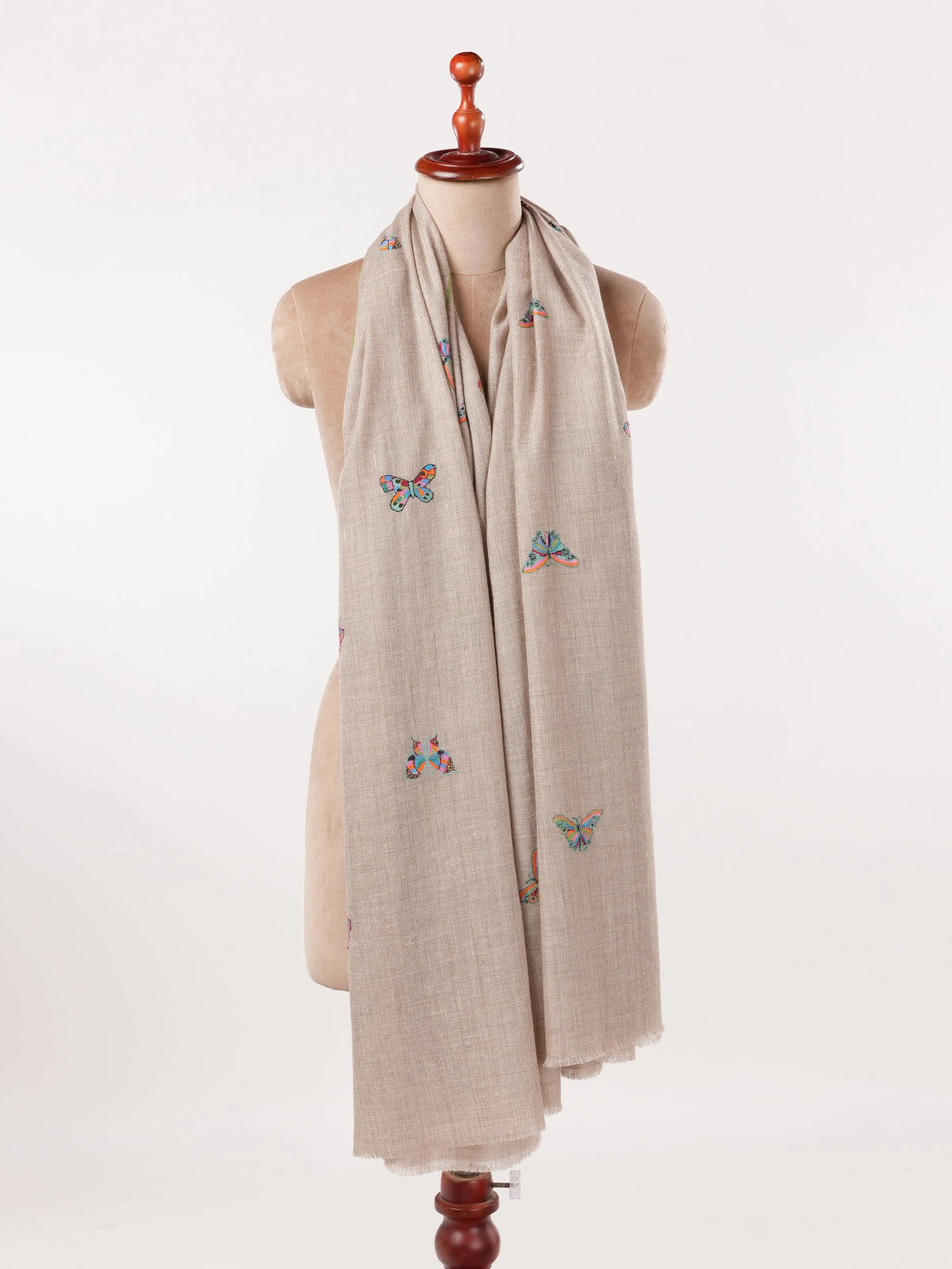 Natural Beige Pure Pashmina Shawl with Butterfly Embroidery