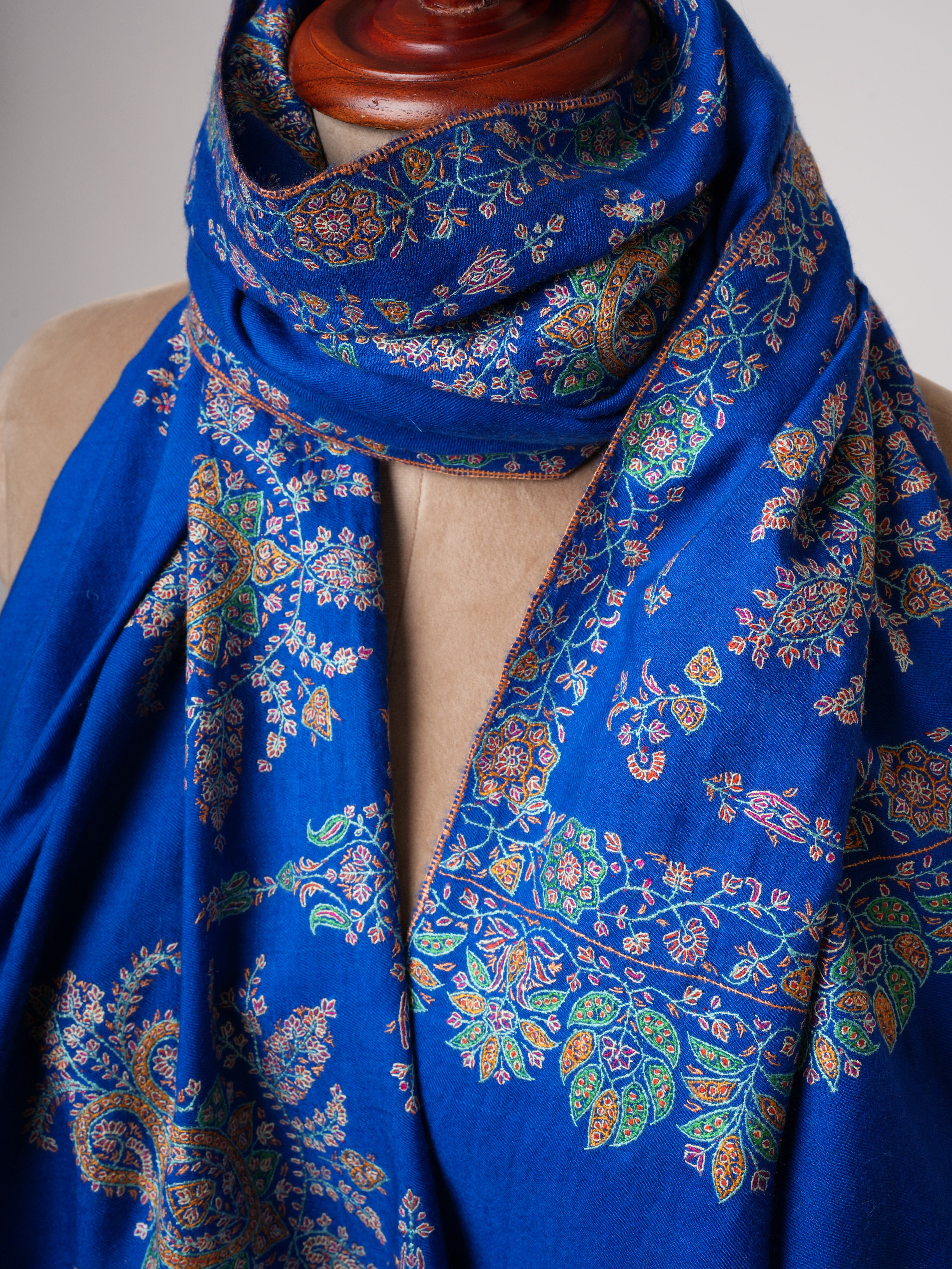 Blue Sozni Embroidered Pashmina Shawl with Buteh Handwork – Timeless Kashmiri Craftsmanship