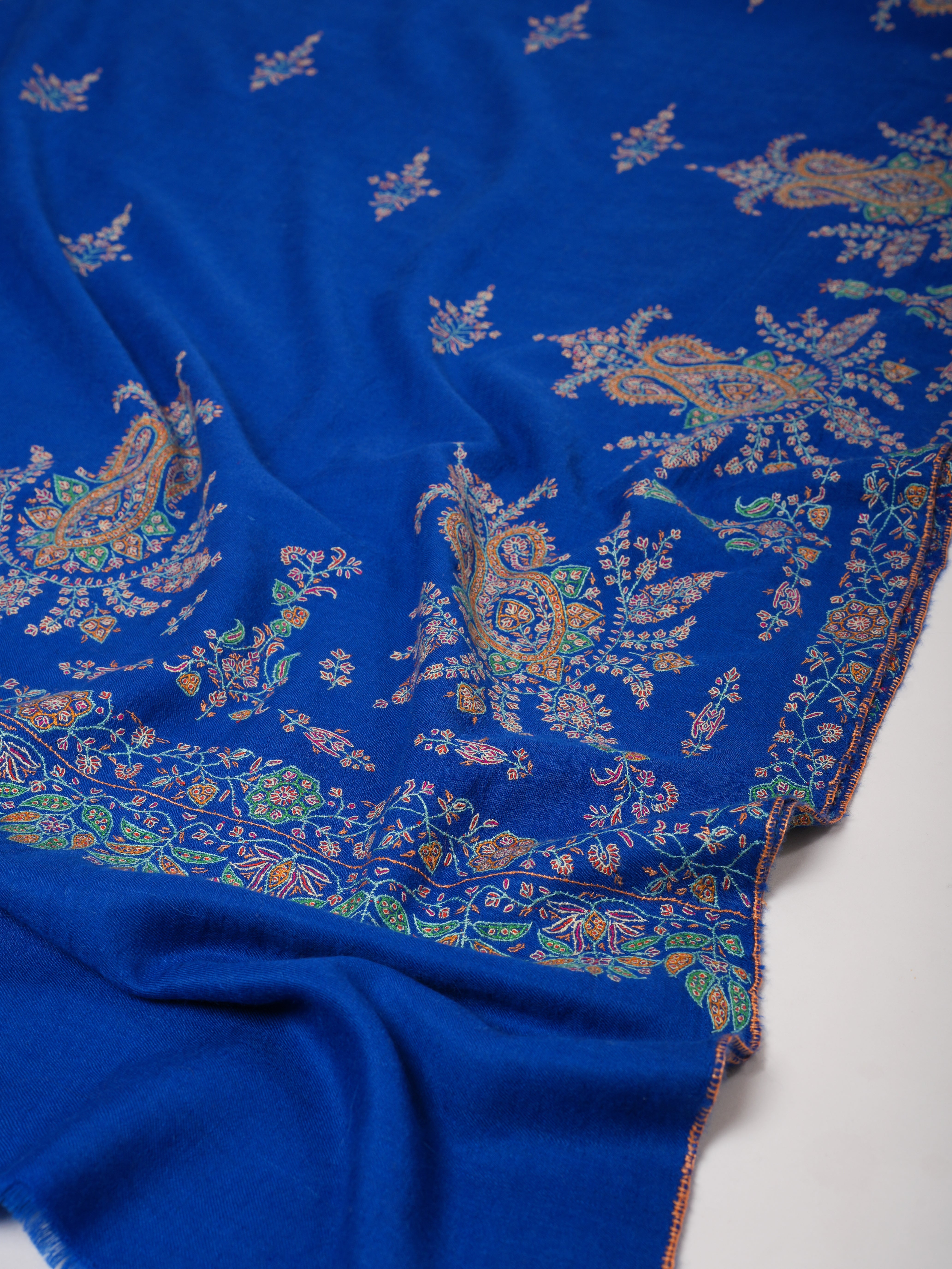 Blue Sozni Embroidered Pashmina Shawl with Buteh Handwork – Timeless Kashmiri Craftsmanship