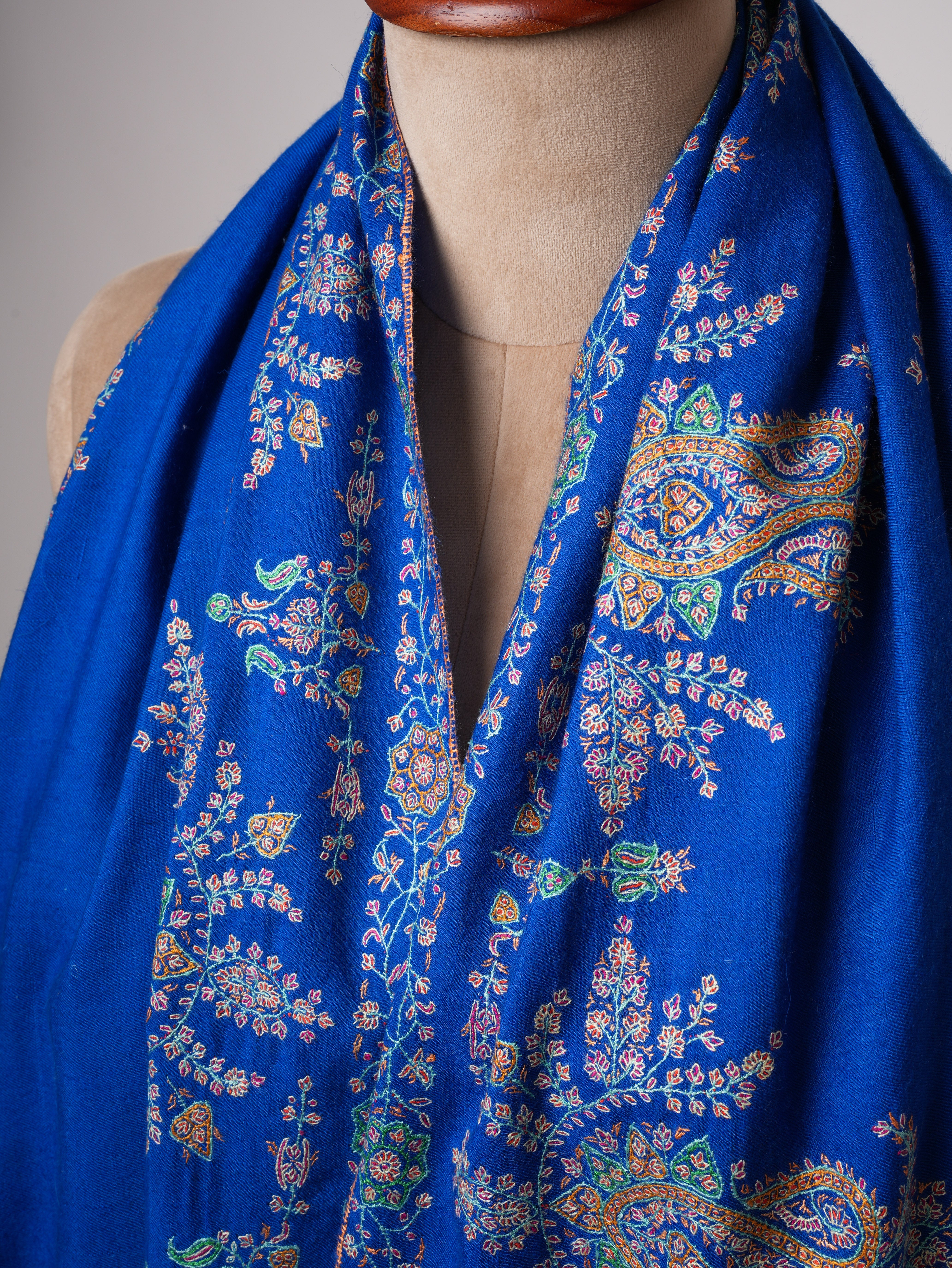 Blue Sozni Embroidered Pashmina Shawl with Buteh Handwork – Timeless Kashmiri Craftsmanship