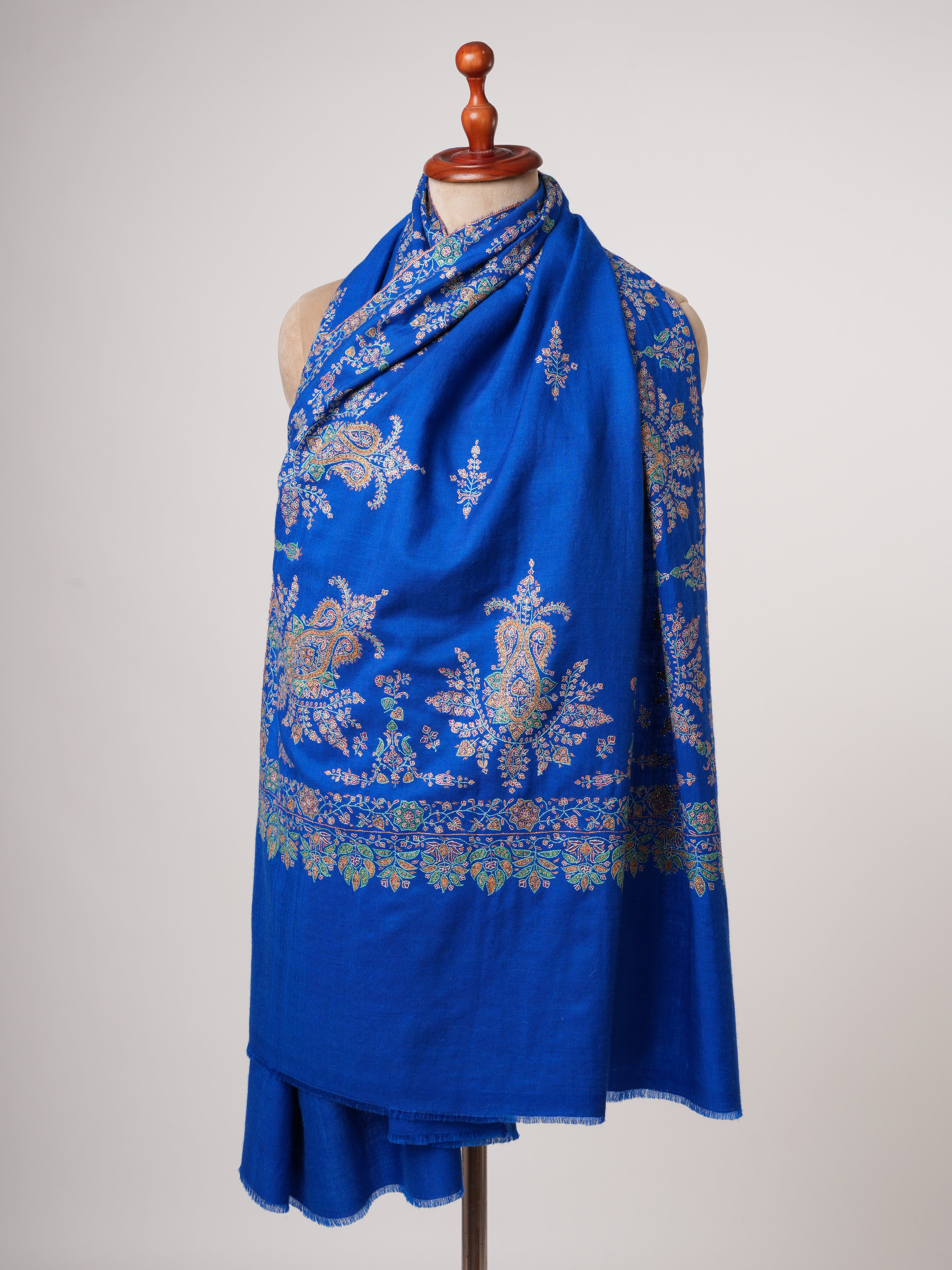 Blue Sozni Embroidered Pashmina Shawl with Buteh Handwork – Timeless Kashmiri Craftsmanship