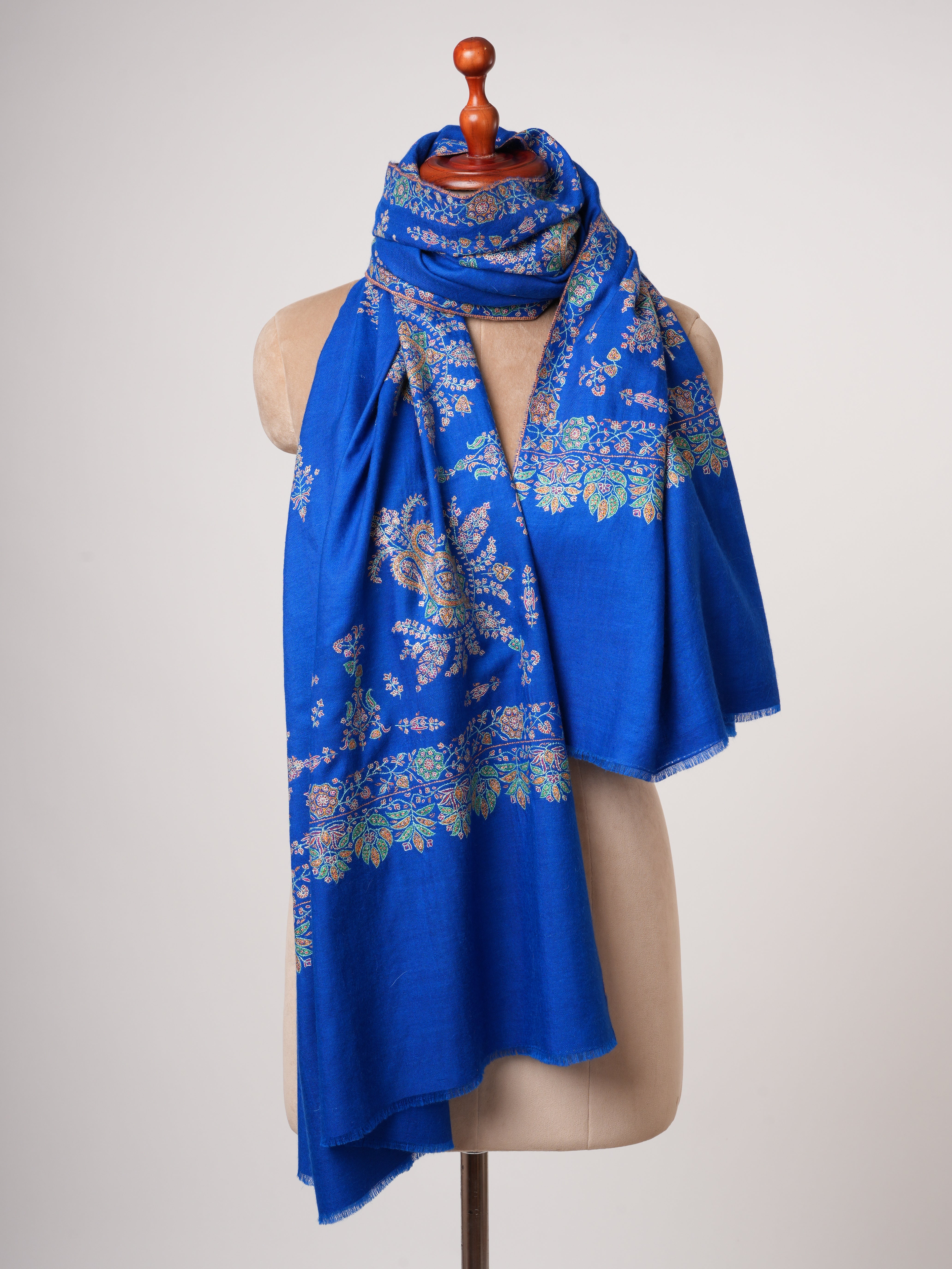Blue Sozni Embroidered Pashmina Shawl with Buteh Handwork – Timeless Kashmiri Craftsmanship