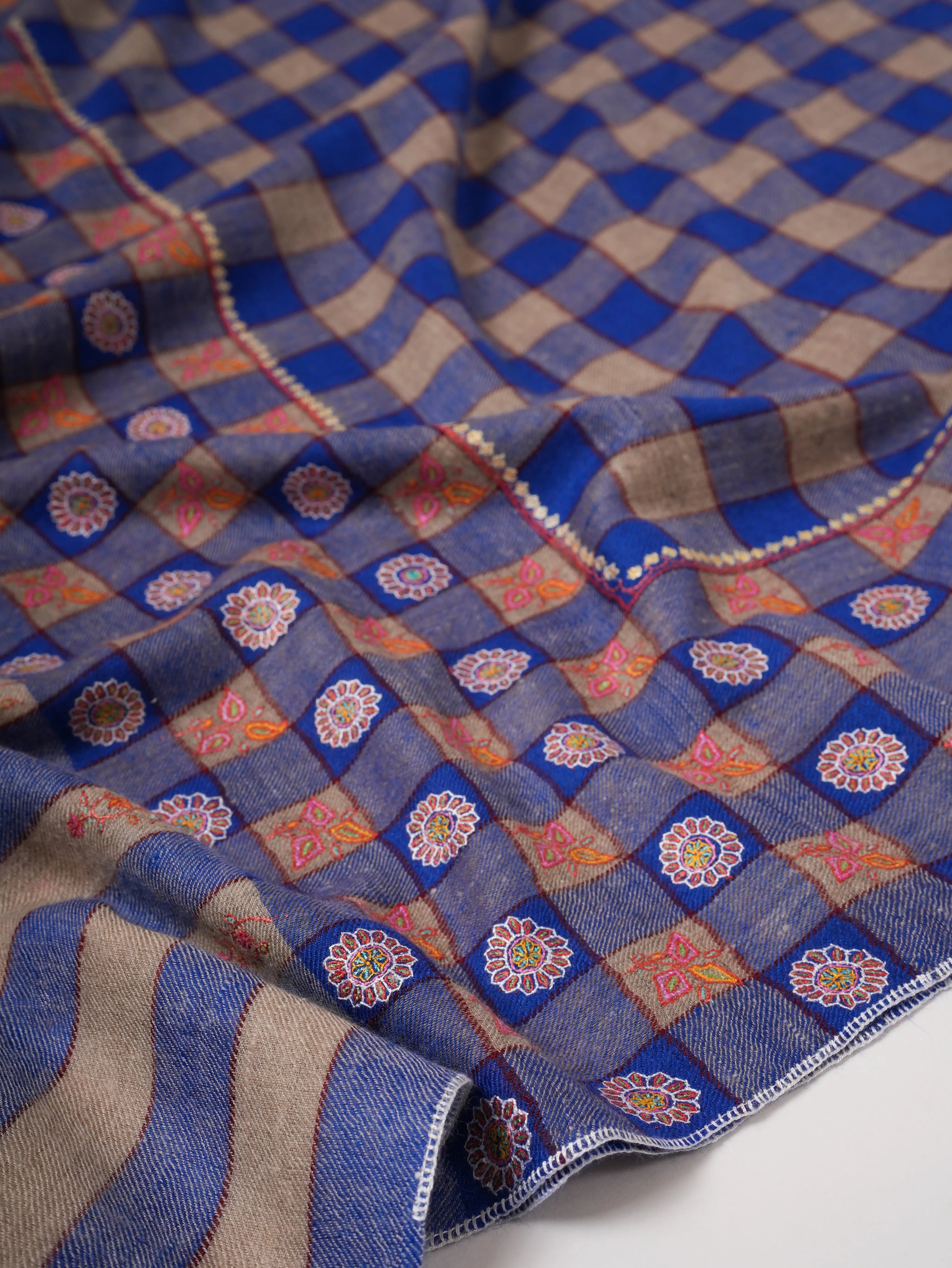 Blue Check Pashmina Shawl – Handwoven with Sozni Embroidery Shahkaar
