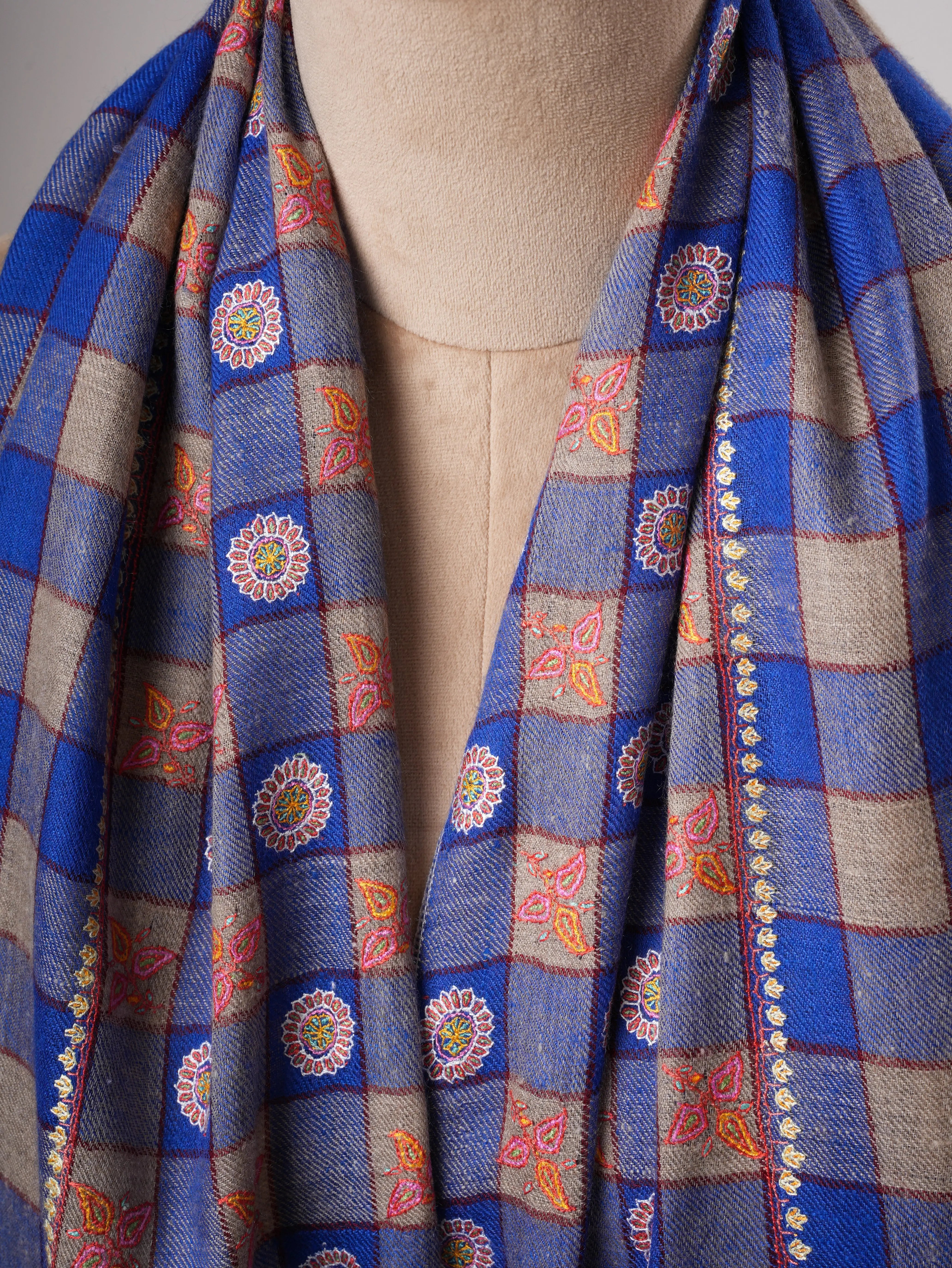 Blue Check Pashmina Shawl – Handwoven with Sozni Embroidery Shahkaar
