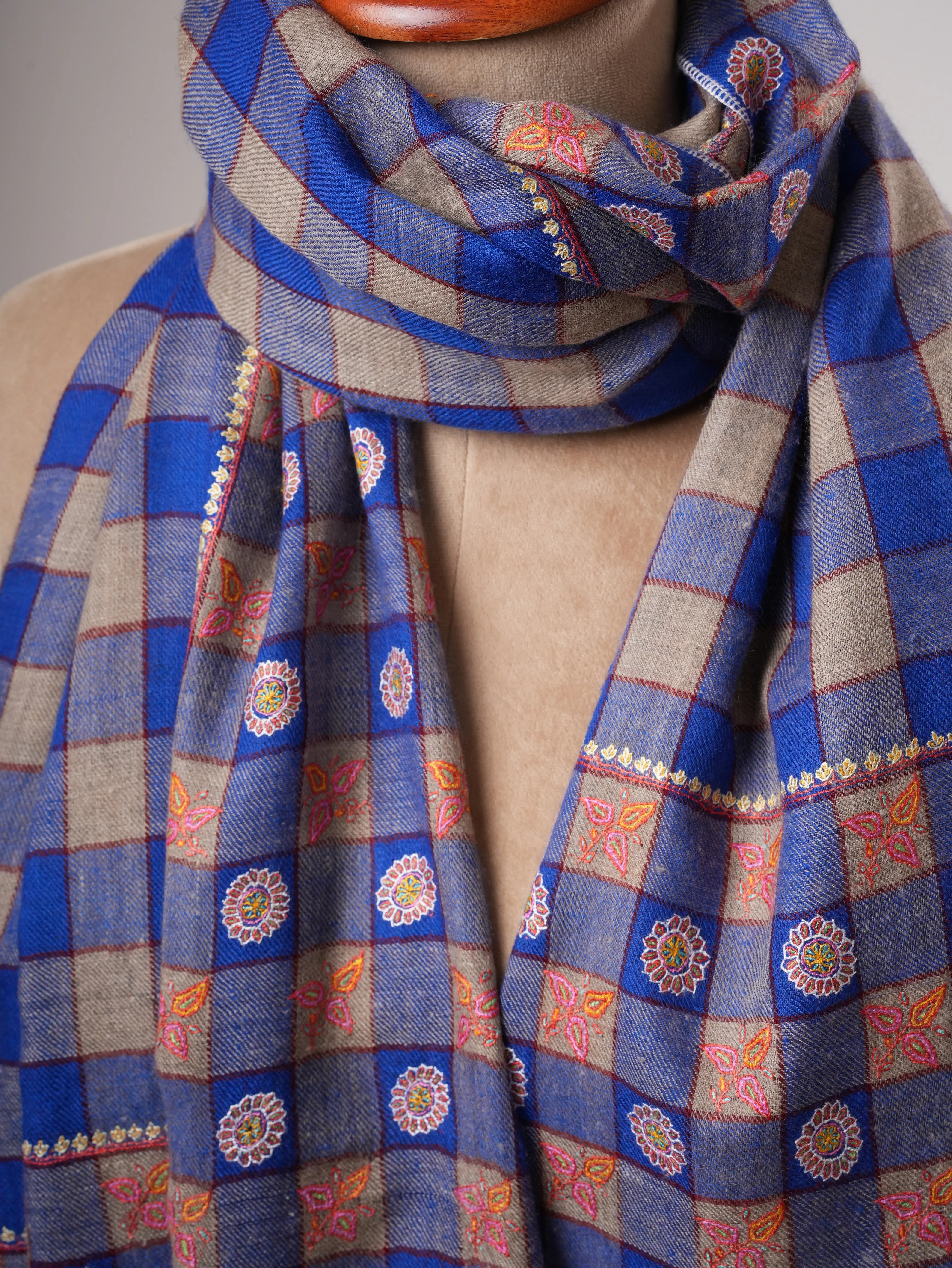 Blue Check Pashmina Shawl – Handwoven with Sozni Embroidery Shahkaar