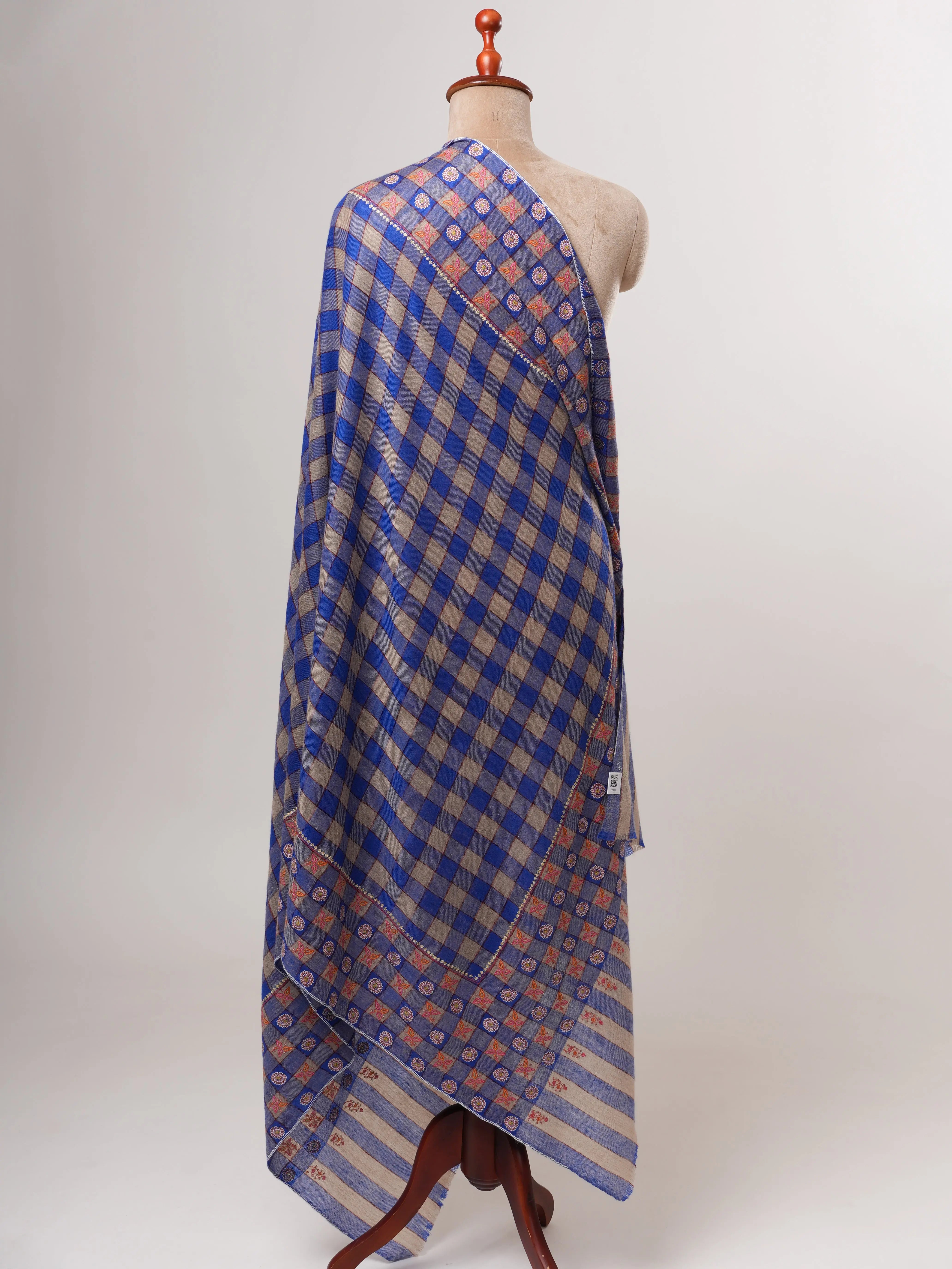 Blue Check Pashmina Shawl – Handwoven with Sozni Embroidery Shahkaar