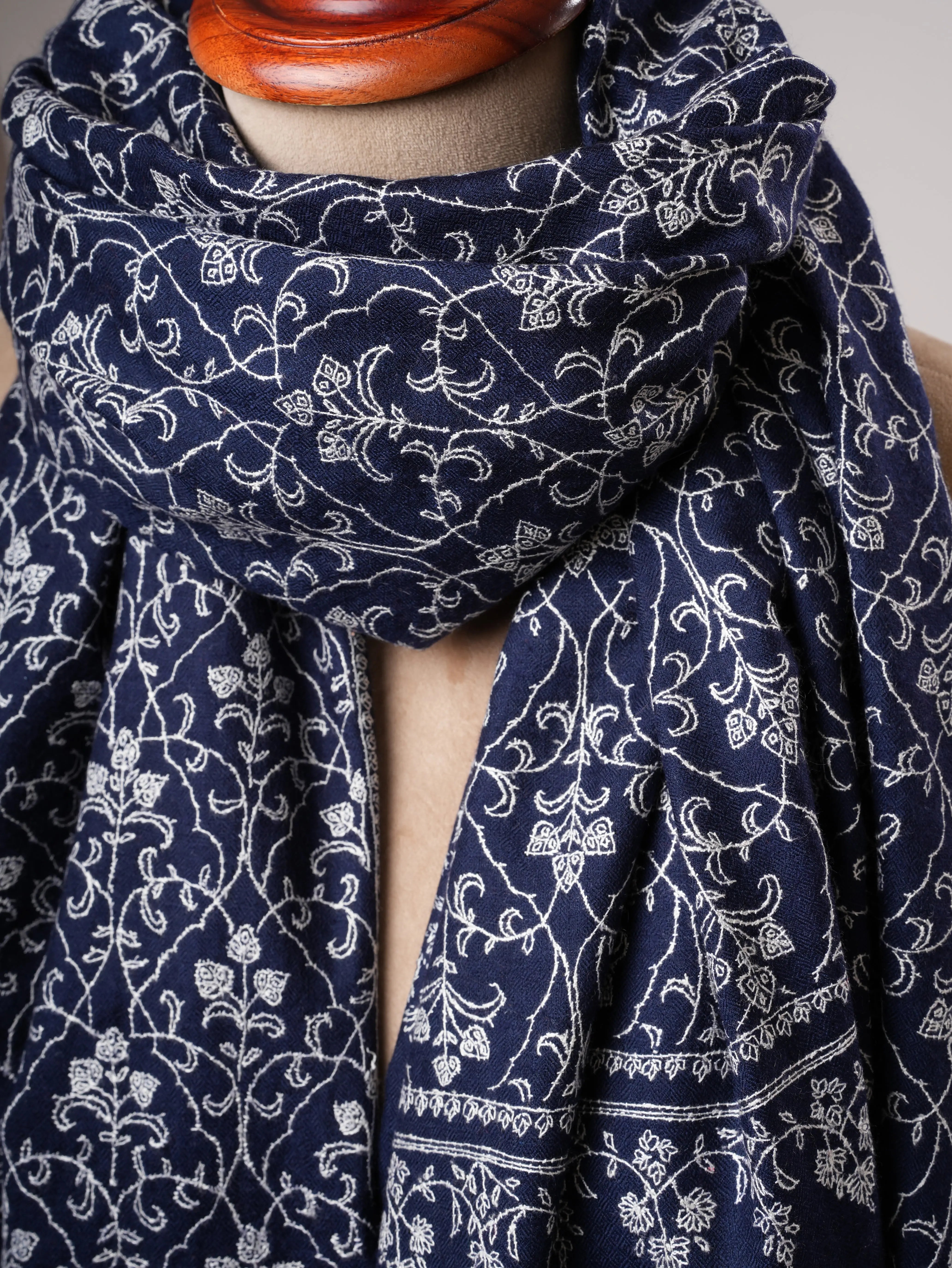 Dark Blue Kashmiri Pashmina Shawl with Fine Sozni Embroidery Shahkaar