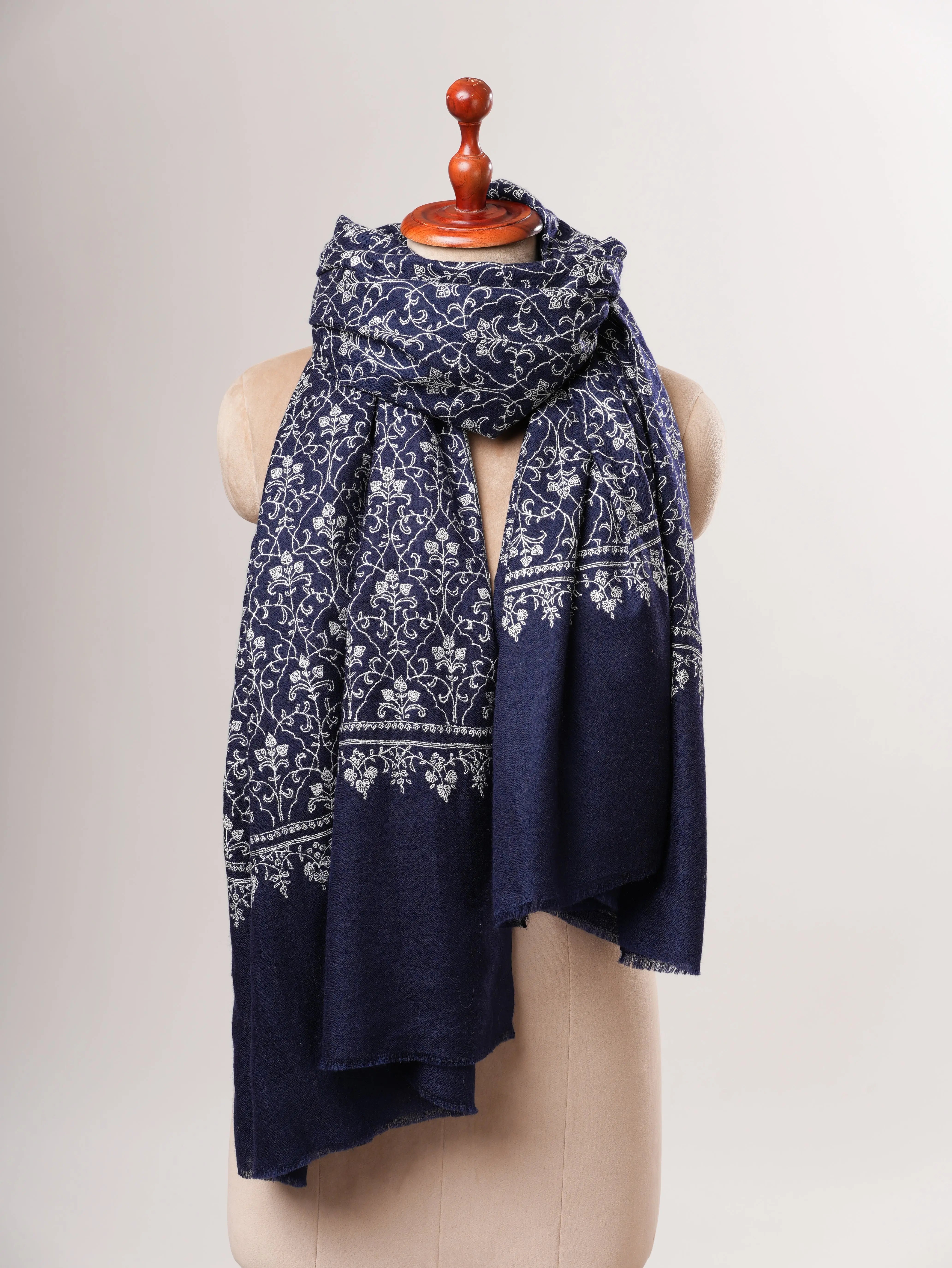 Dark Blue Kashmiri Pashmina Shawl with Fine Sozni Embroidery Shahkaar