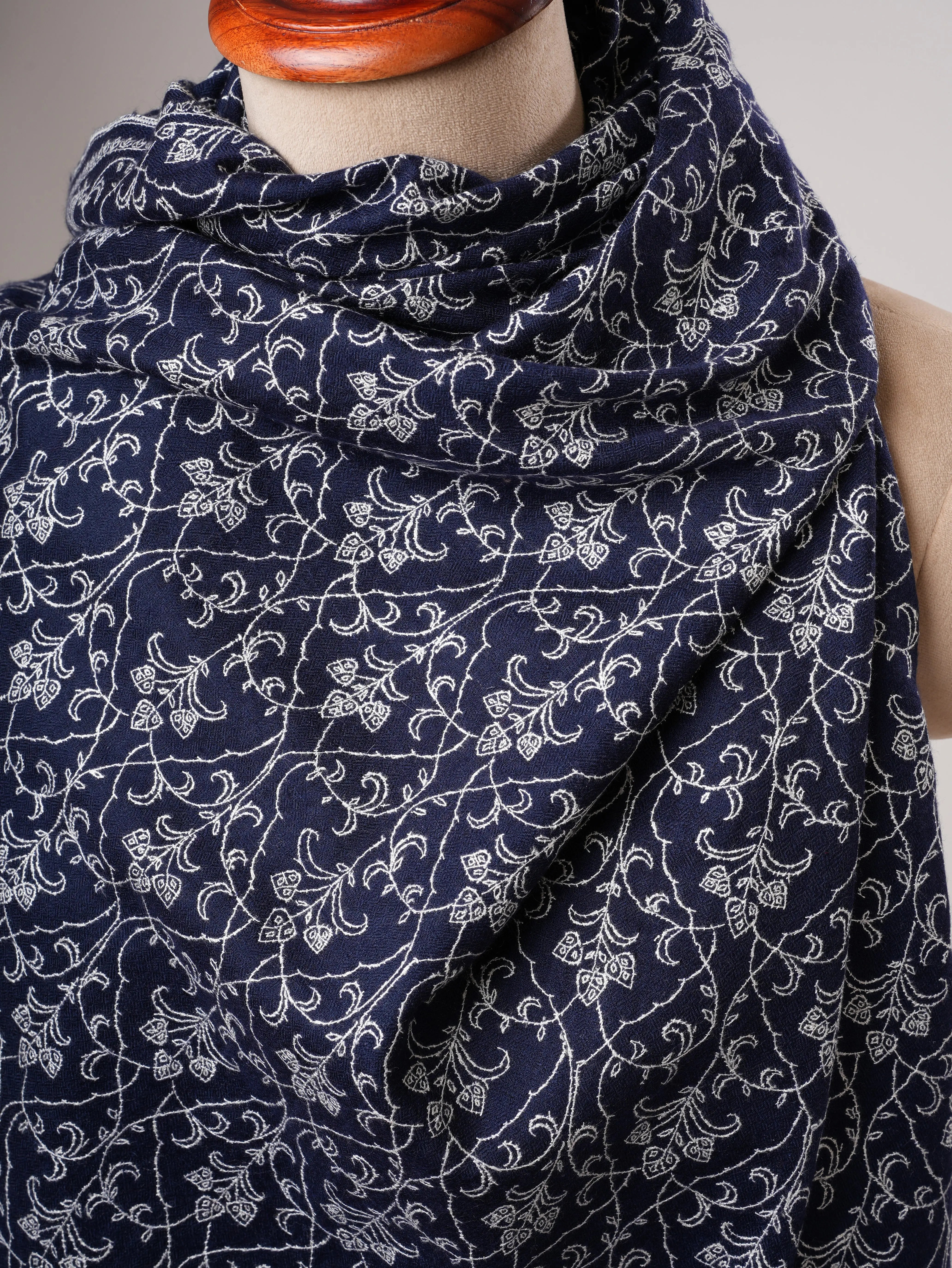 Dark Blue Kashmiri Pashmina Shawl with Fine Sozni Embroidery Shahkaar