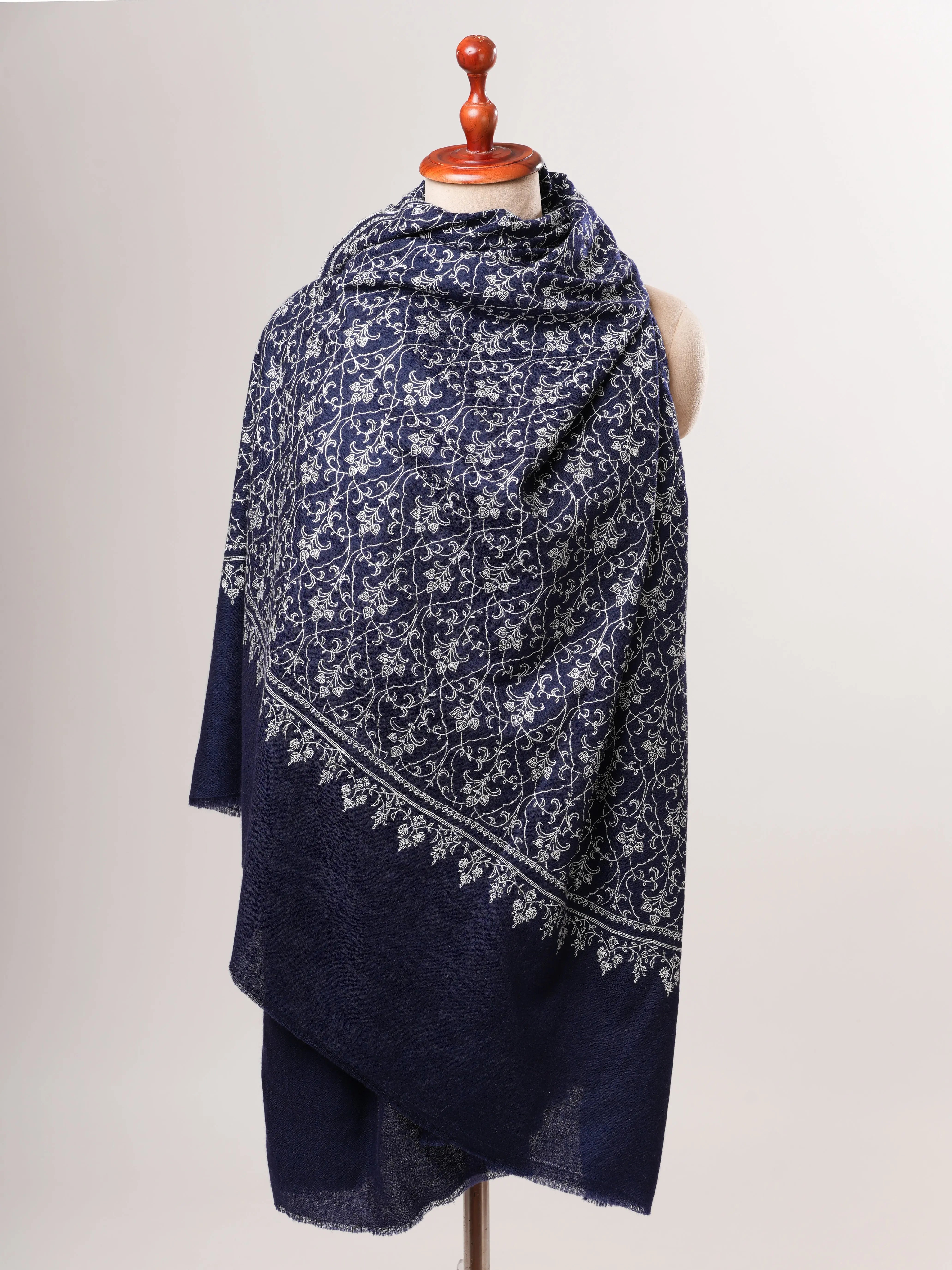 Dark Blue Kashmiri Pashmina Shawl with Fine Sozni Embroidery Shahkaar