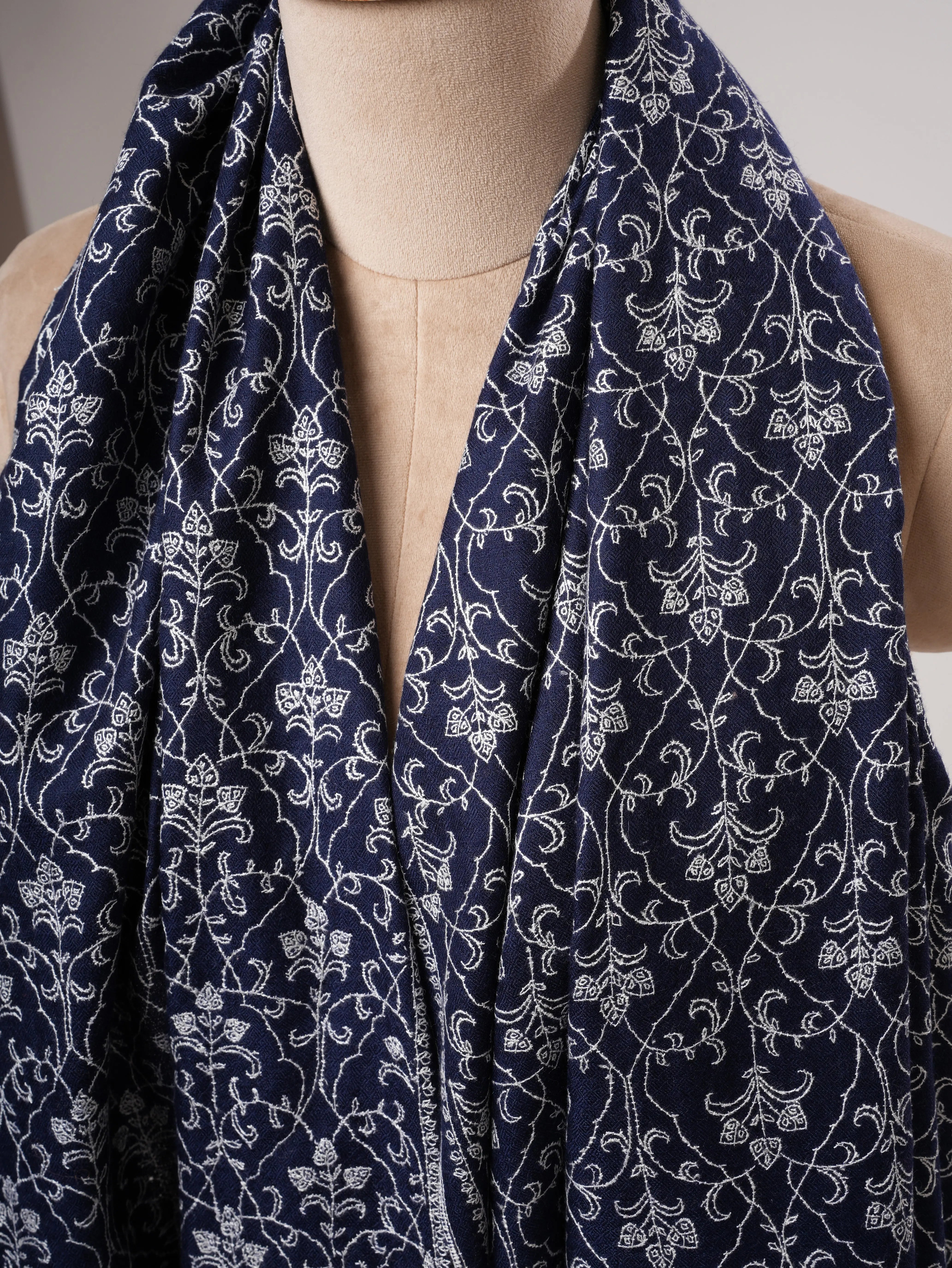Dark Blue Kashmiri Pashmina Shawl with Fine Sozni Embroidery Shahkaar