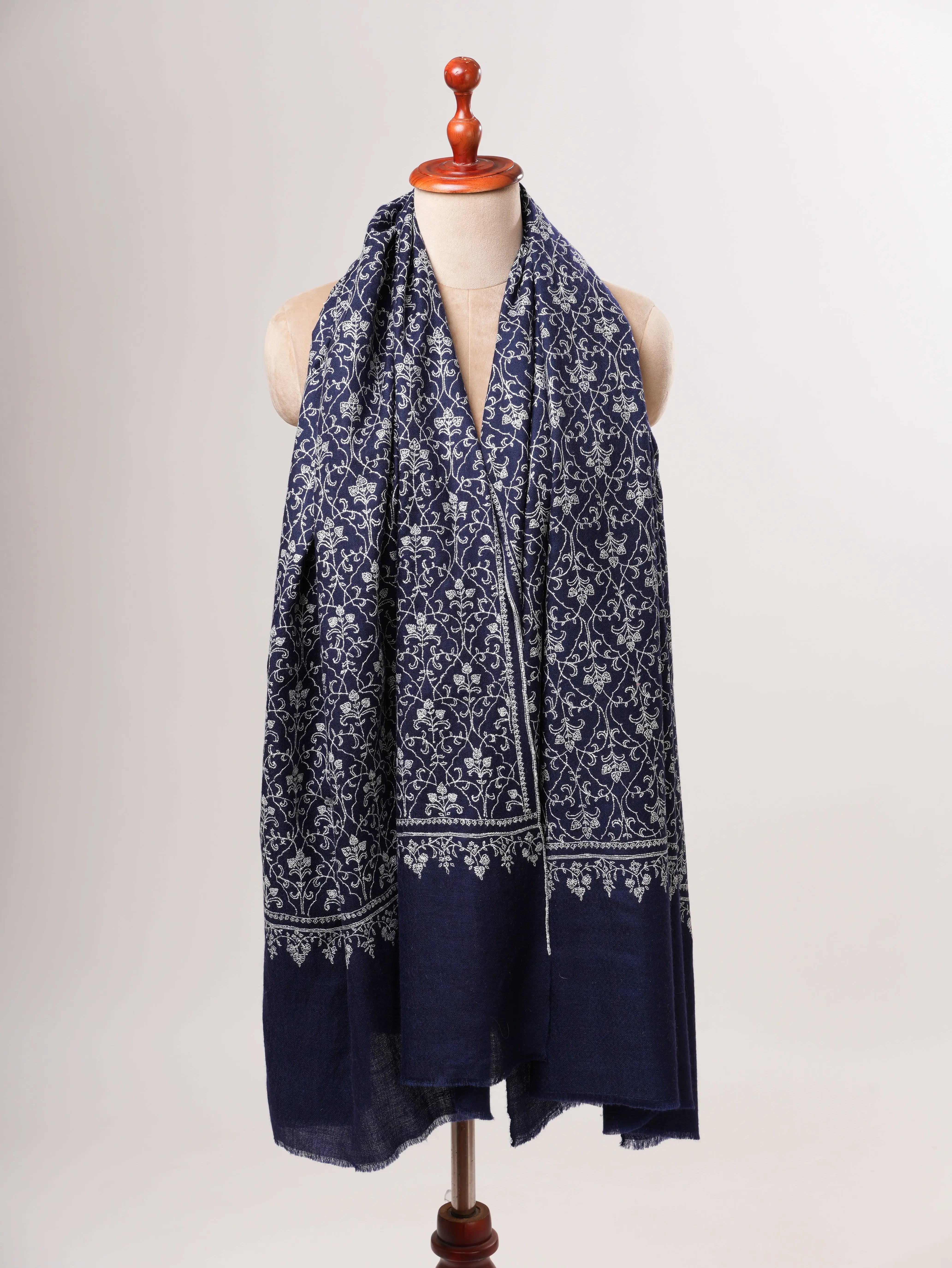 Dark Blue Kashmiri Pashmina Shawl with Fine Sozni Embroidery Shahkaar