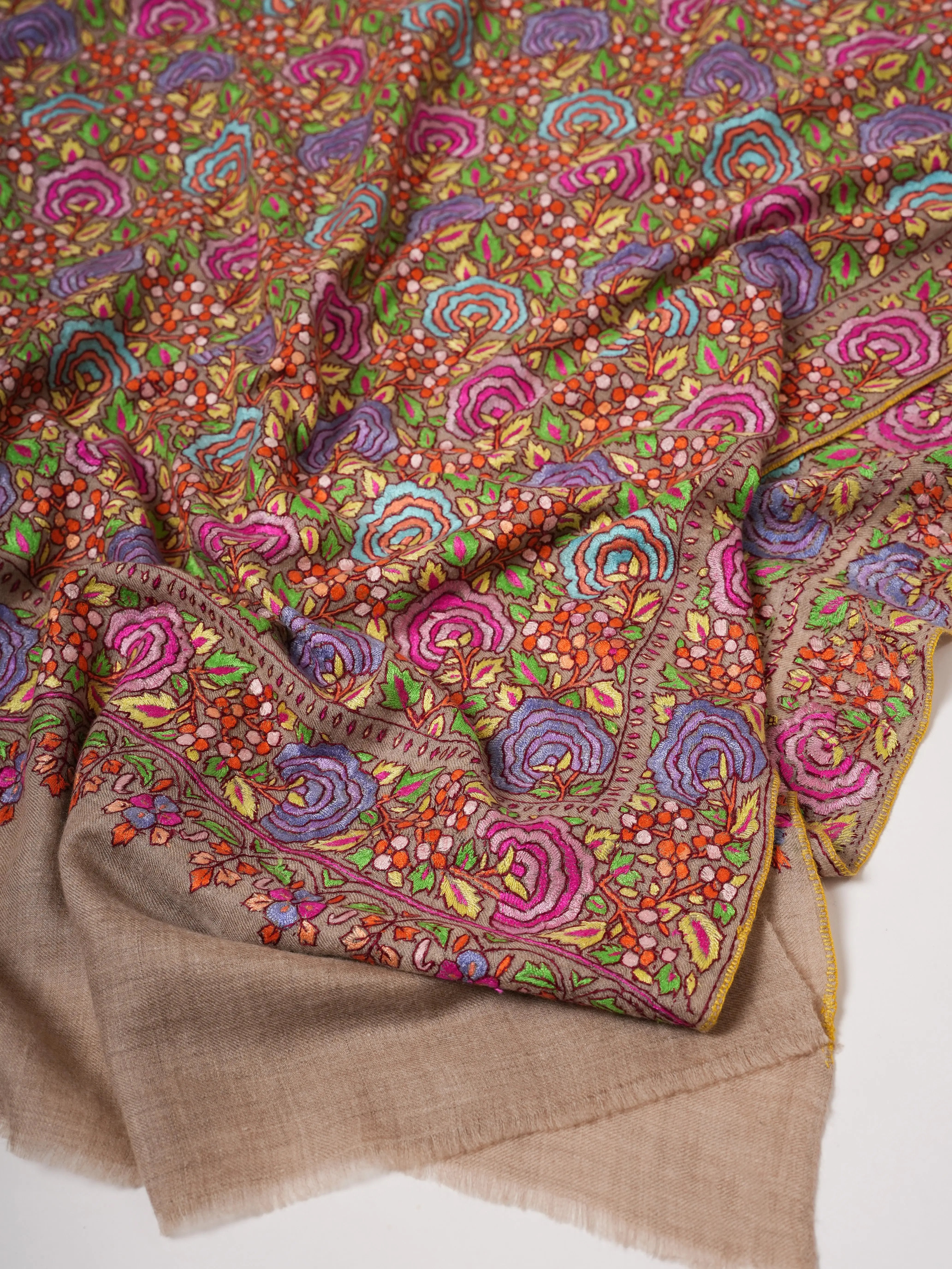 Natural Grey Pashmina Shawl with Floral Papier Mâché Hand Embroidery Shahkaar