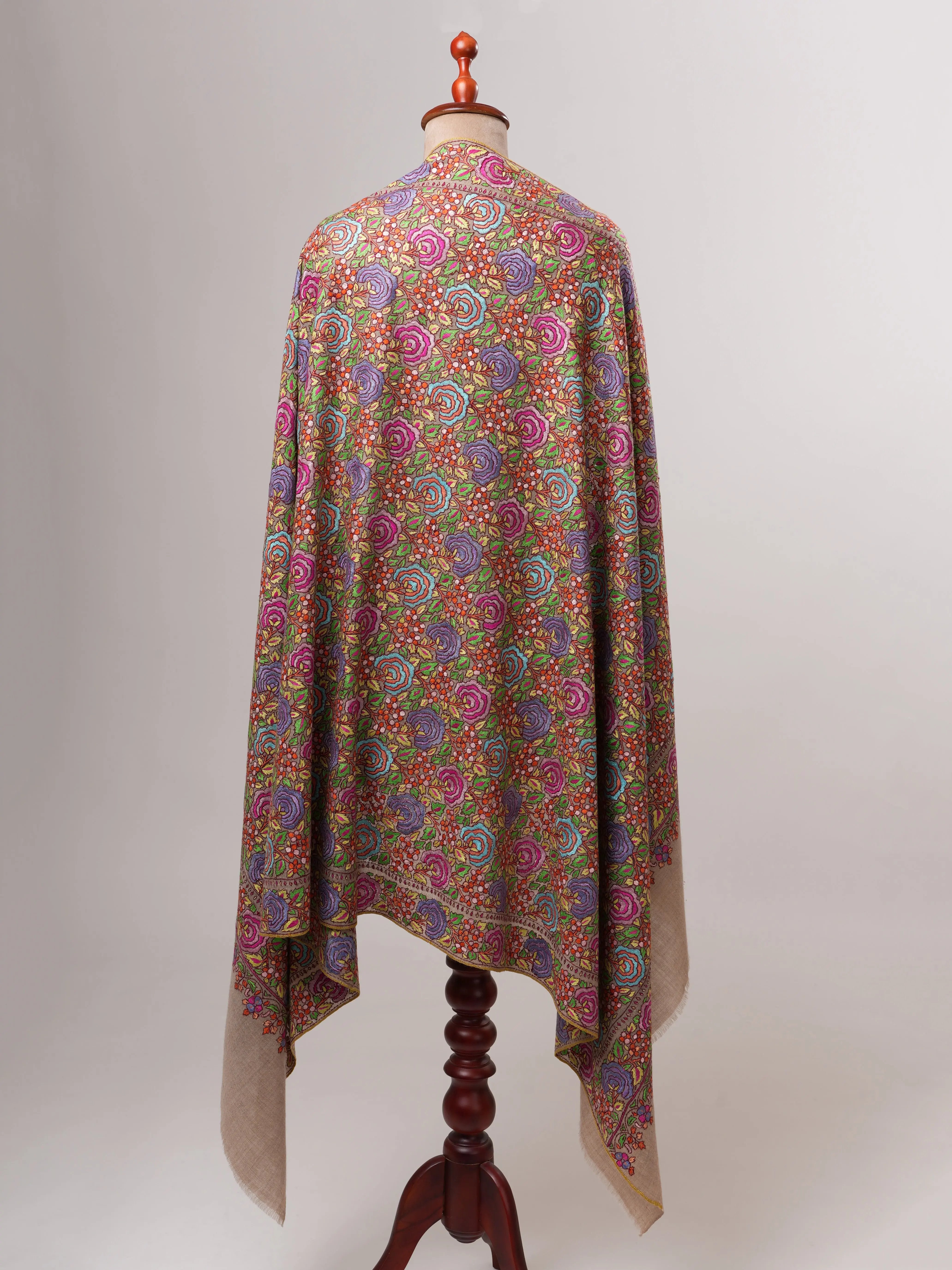 Natural Grey Pashmina Shawl with Floral Papier Mâché Hand Embroidery Shahkaar