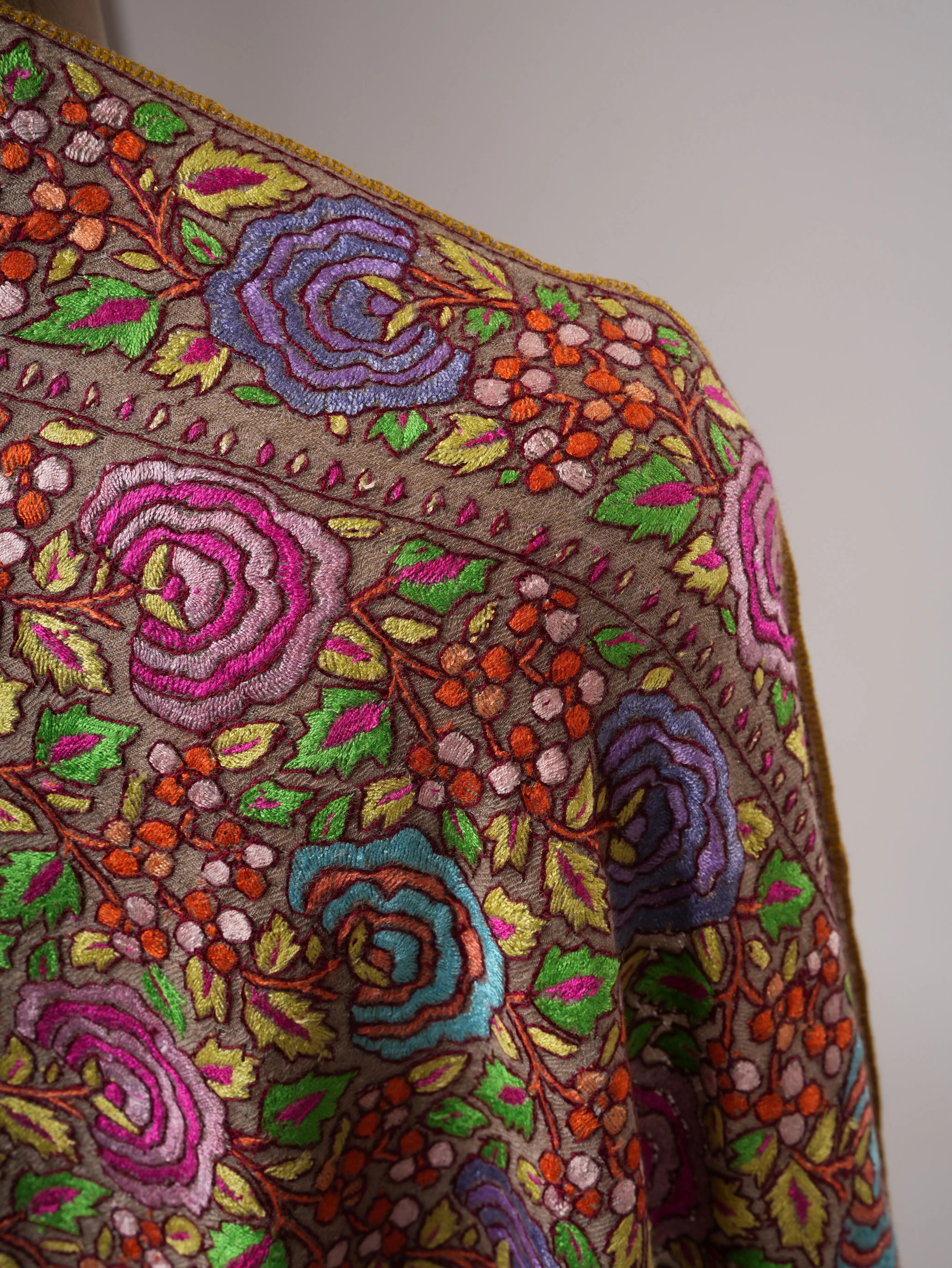 Natural Grey Pashmina Shawl with Floral Papier Mâché Hand Embroidery Shahkaar