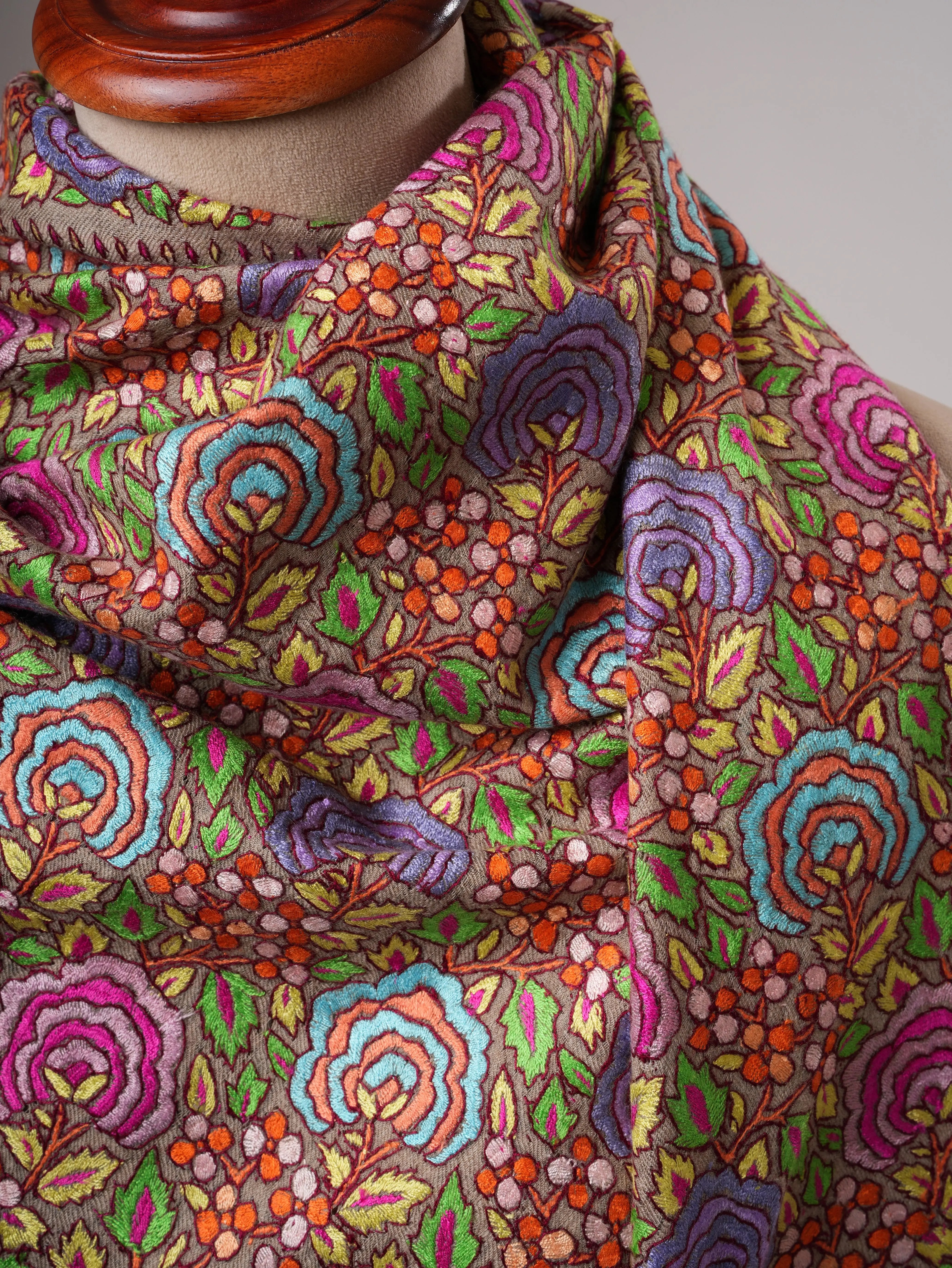 Natural Grey Pashmina Shawl with Floral Papier Mâché Hand Embroidery Shahkaar