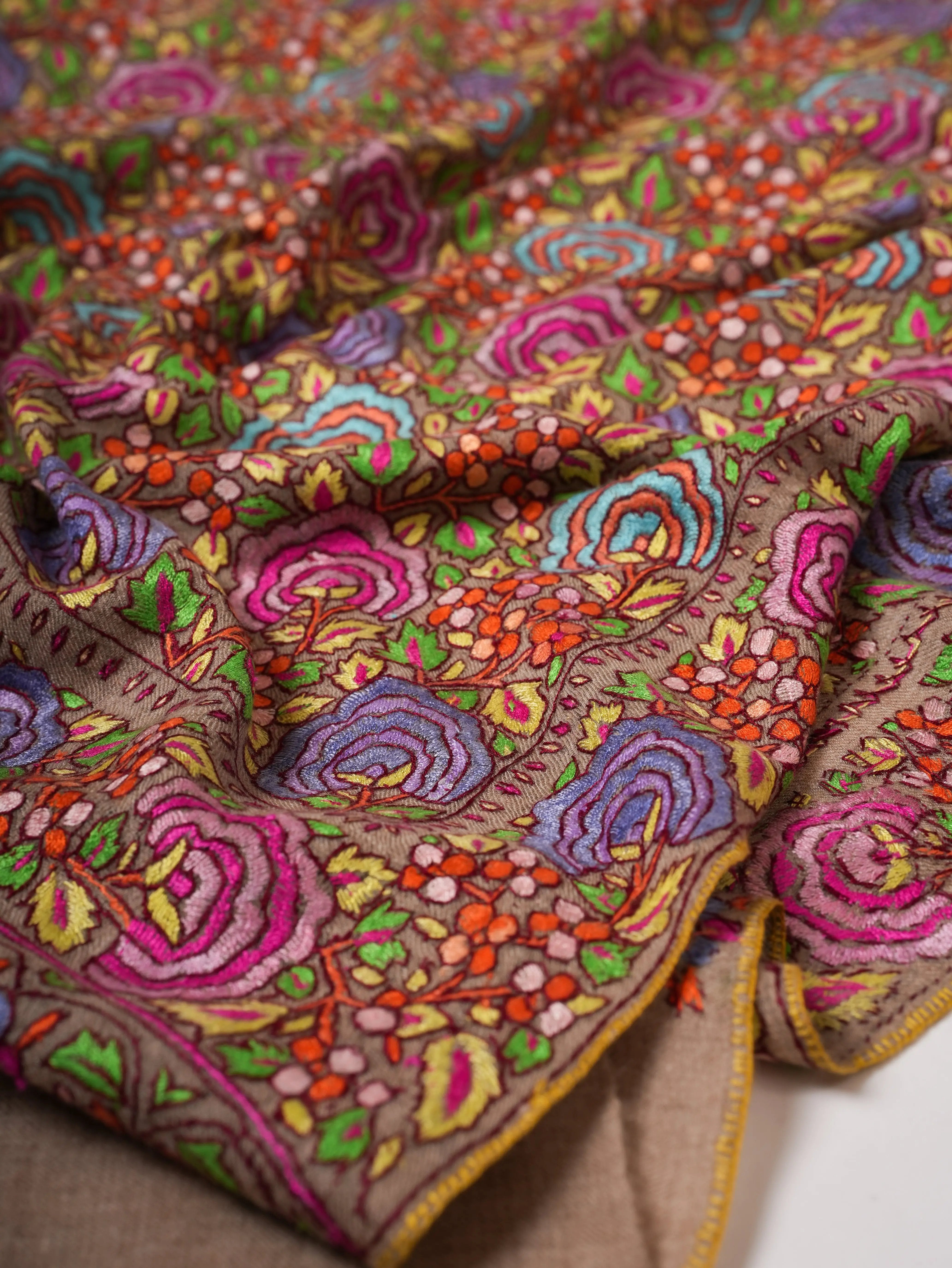 Natural Grey Pashmina Shawl with Floral Papier Mâché Hand Embroidery Shahkaar