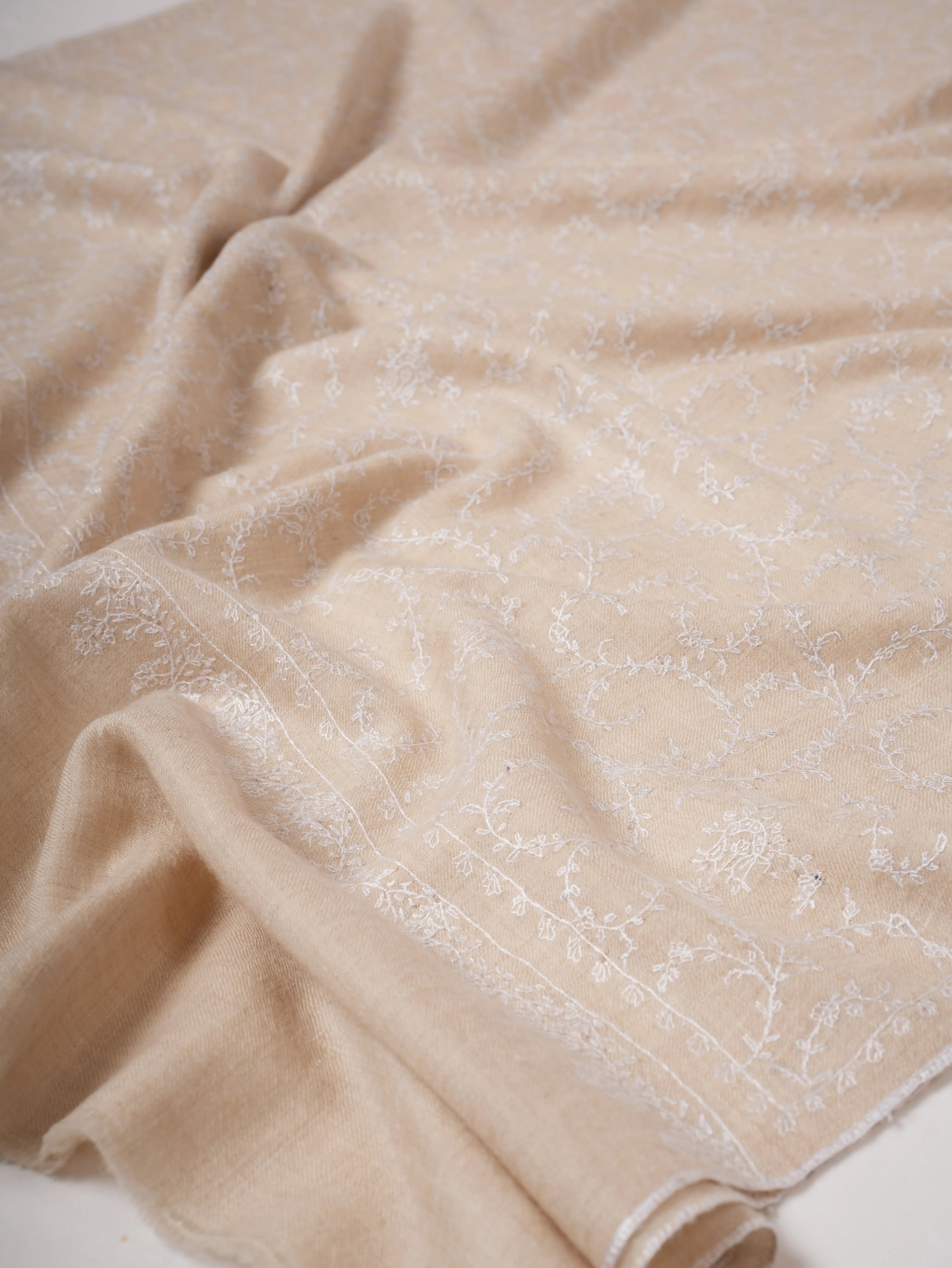 Ivory Handwoven Baby Soft Pure Pashmina Shawl with White Embroidery Shahkaar